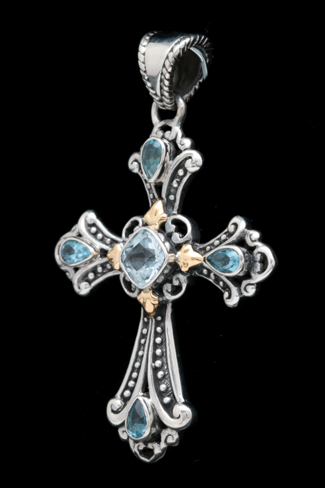 Robert Manse Sterling Silver, 18K Yellow Gold and Blue Topaz Cross Pendant