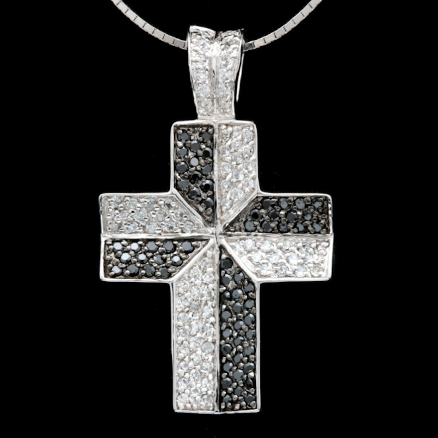 Sterling Silver, White and Black Crystal Cross Pendant with Chain