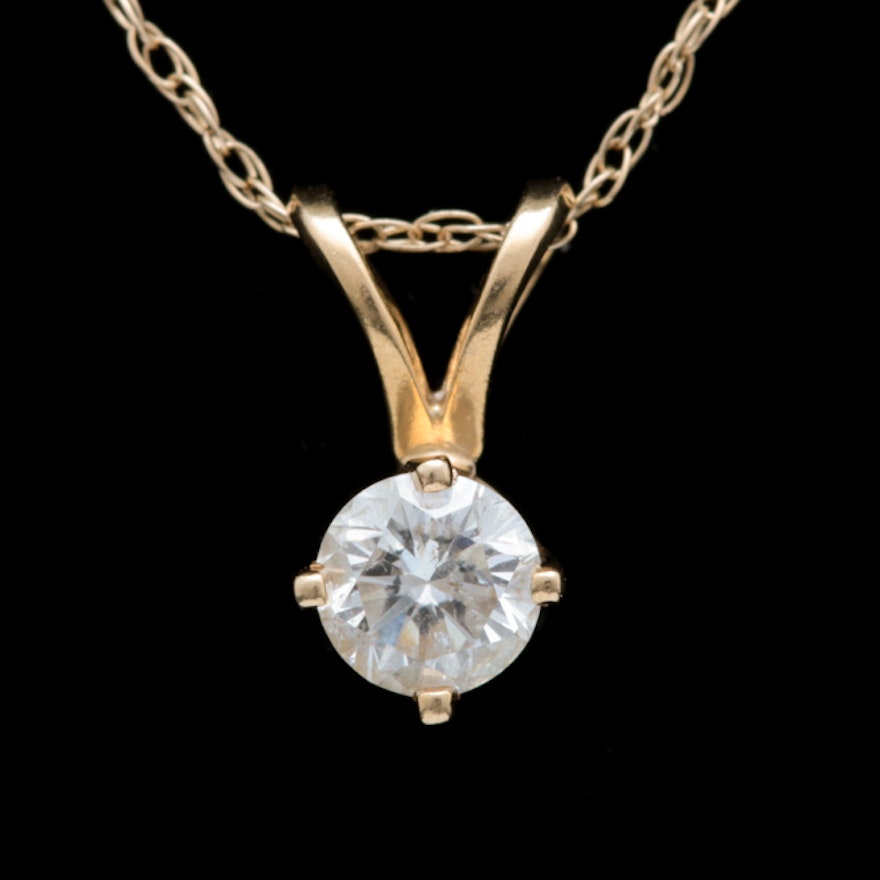 14K Yellow Gold and Diamond Solitaire Pendant with Chain
