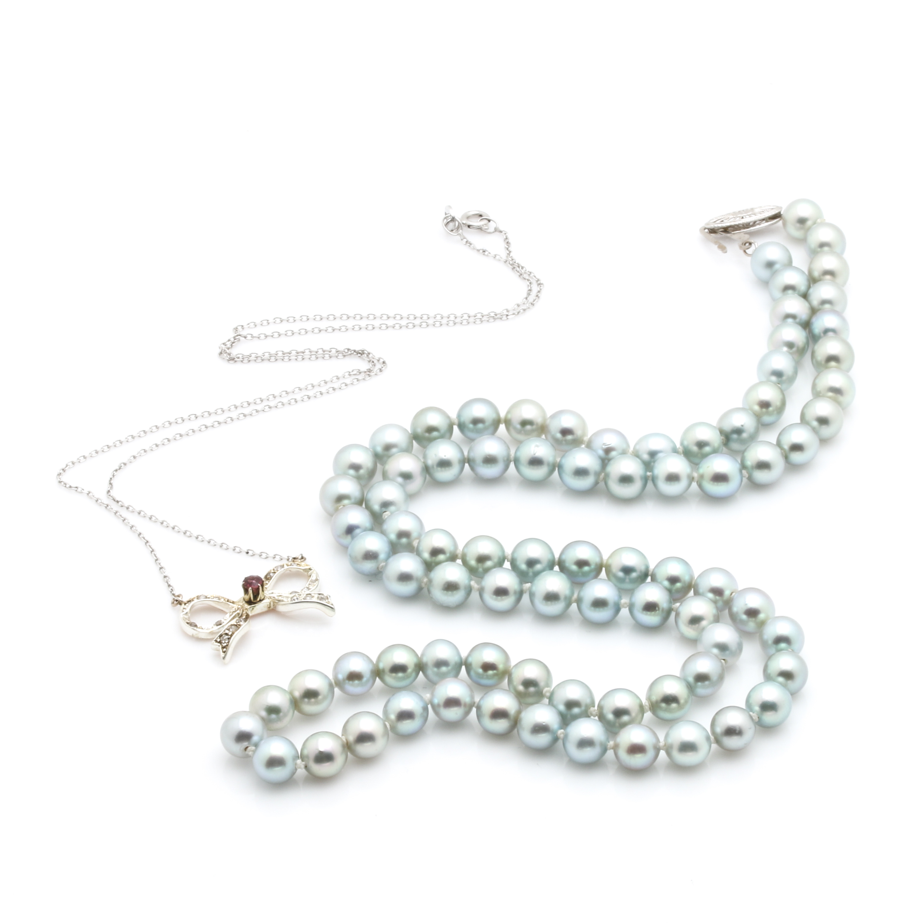 Selection of Sterling Silver/14K Ruby, Diamond and Pearl Necklaces