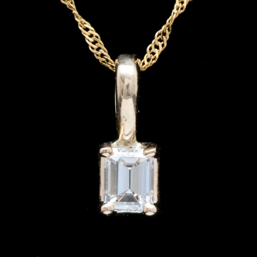 10K Yellow Gold and Emerald Cut Diamond Solitaire Pendant with 14K Gold Chain