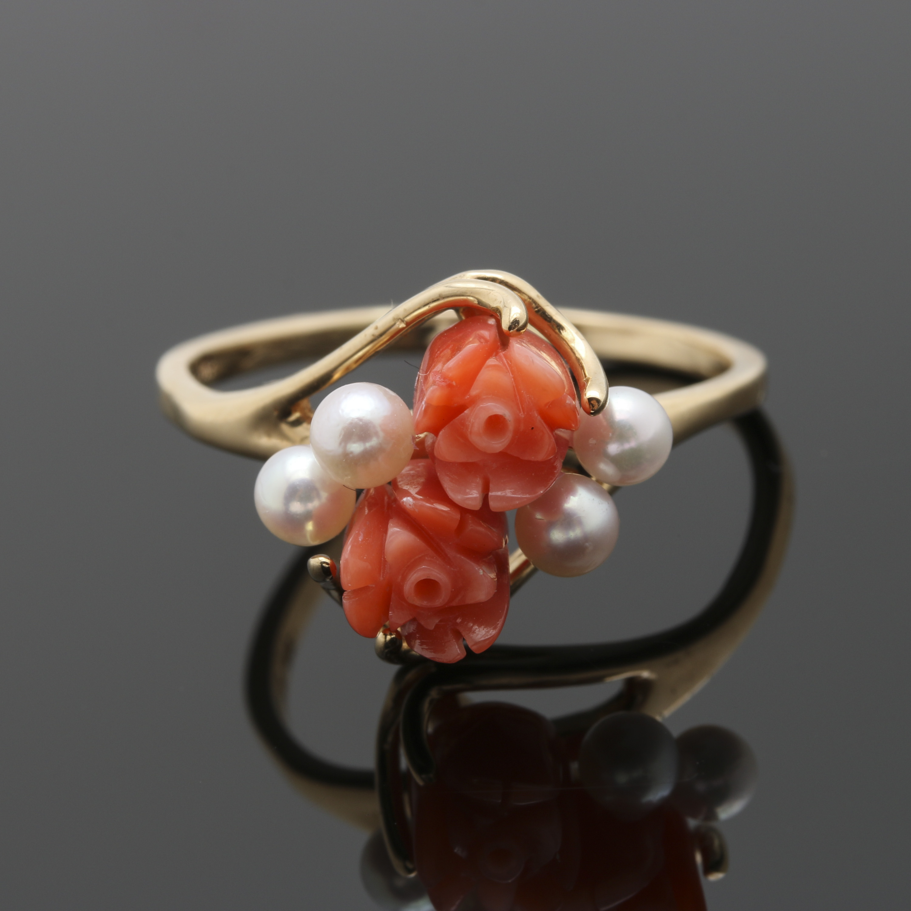 14K Yellow Gold Coral and Cultured Pearl Ring
