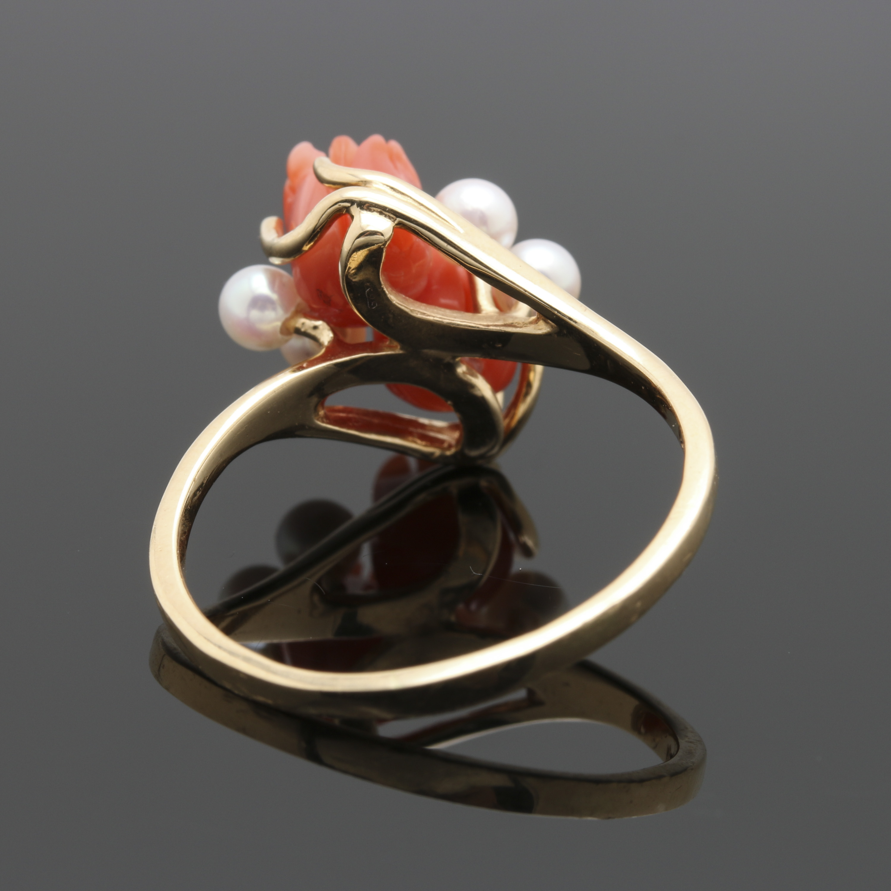 14K Yellow Gold Coral and Cultured Pearl Ring