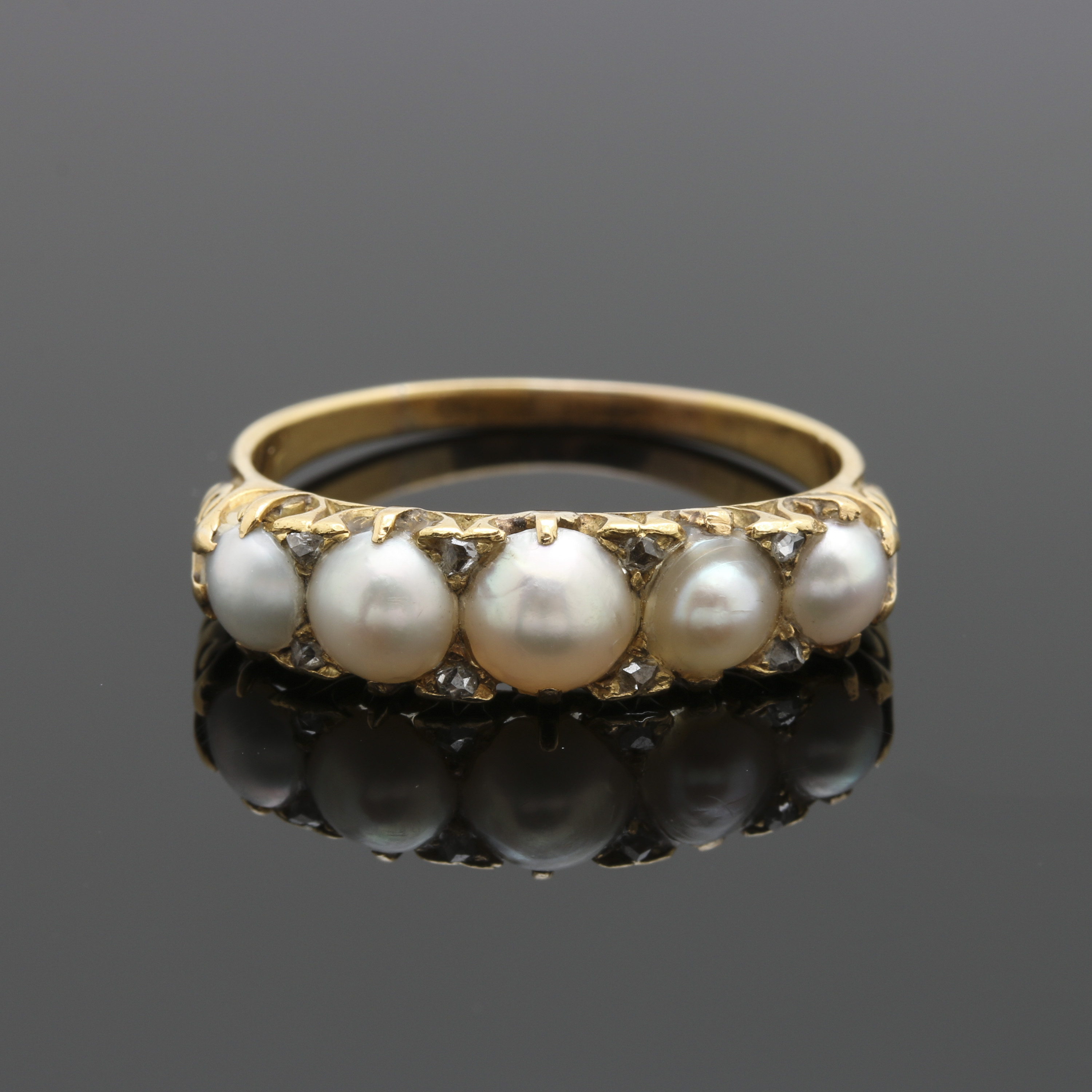 Victorian 18K Yellow Gold Half Pearl and Diamond Ring