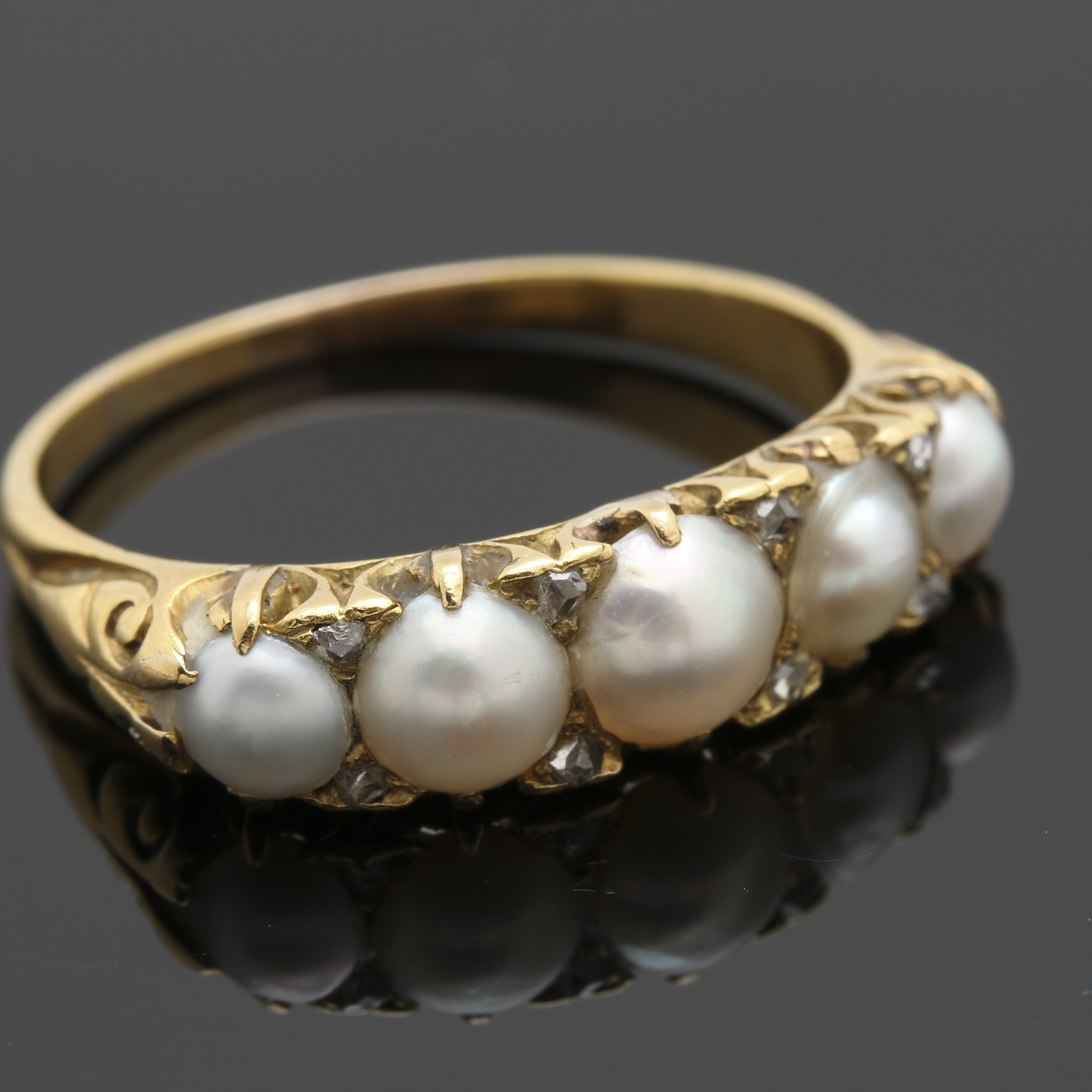 Victorian 18K Yellow Gold Half Pearl and Diamond Ring