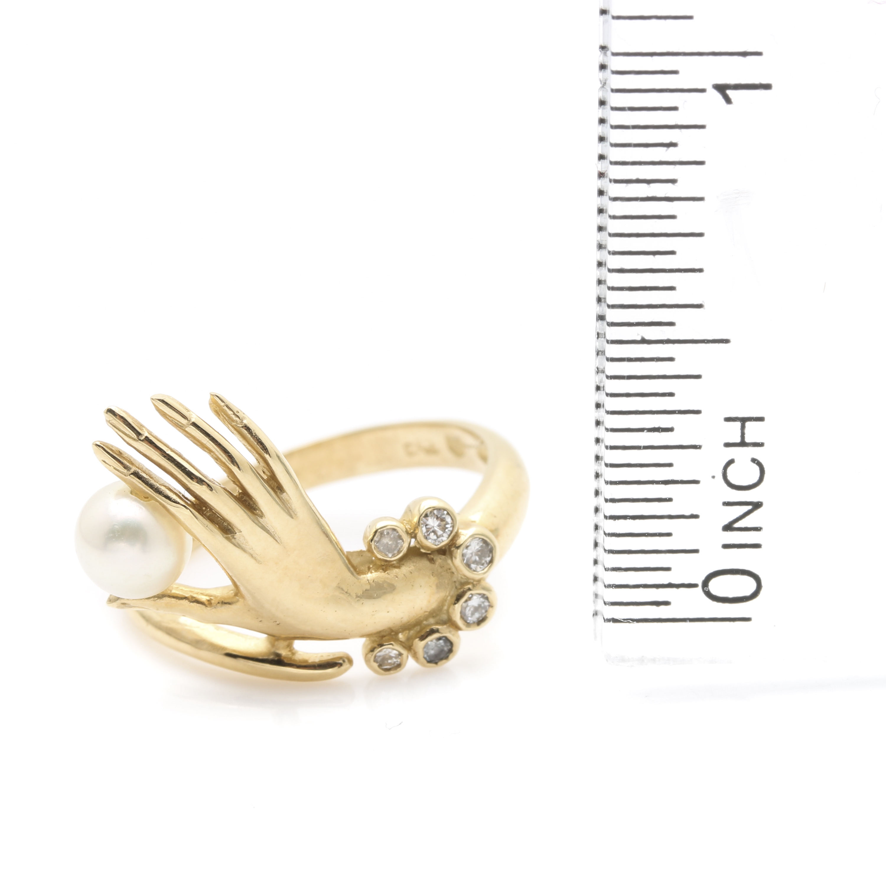14K Yellow Gold Cultured Pearl and Diamond Hand Ring