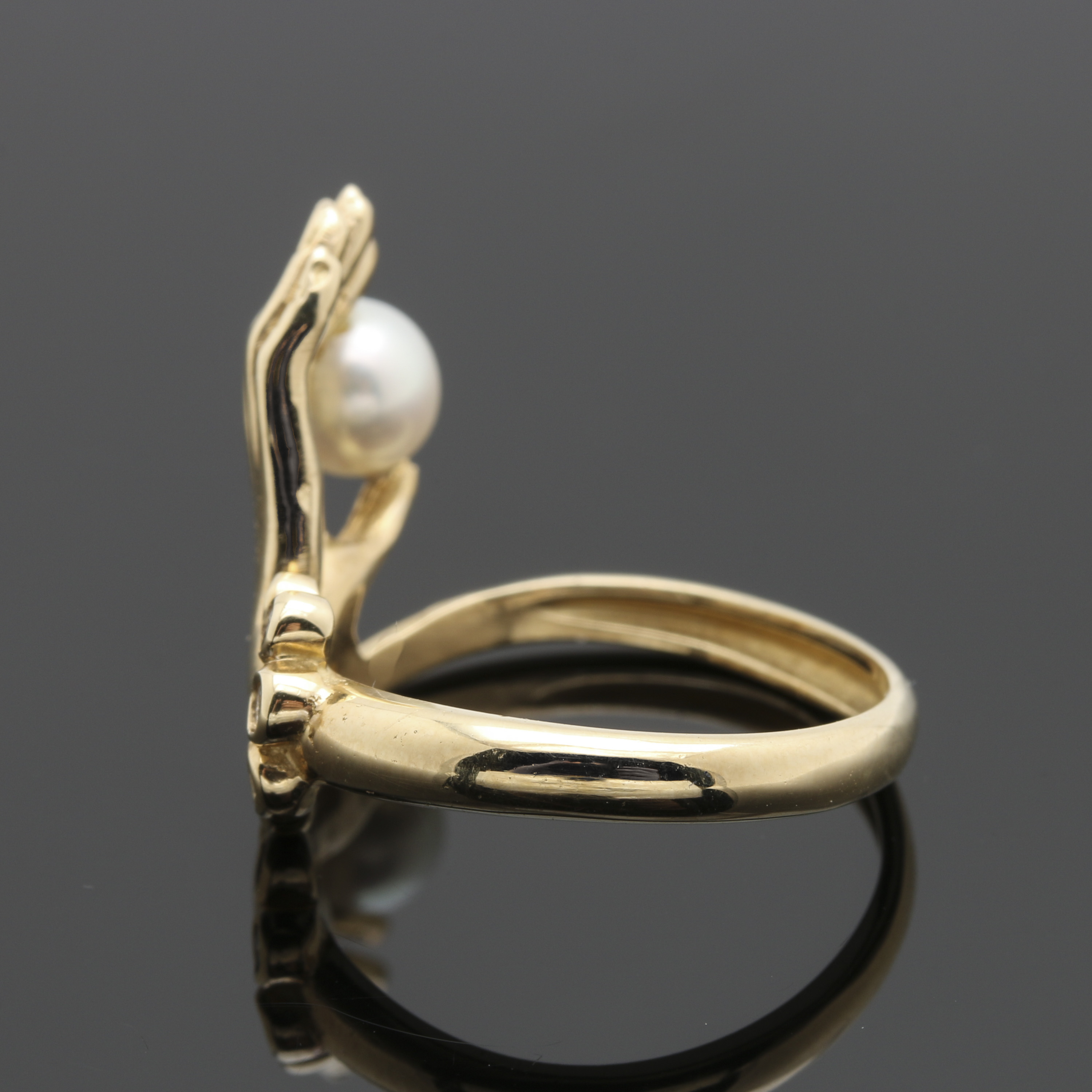 14K Yellow Gold Cultured Pearl and Diamond Hand Ring