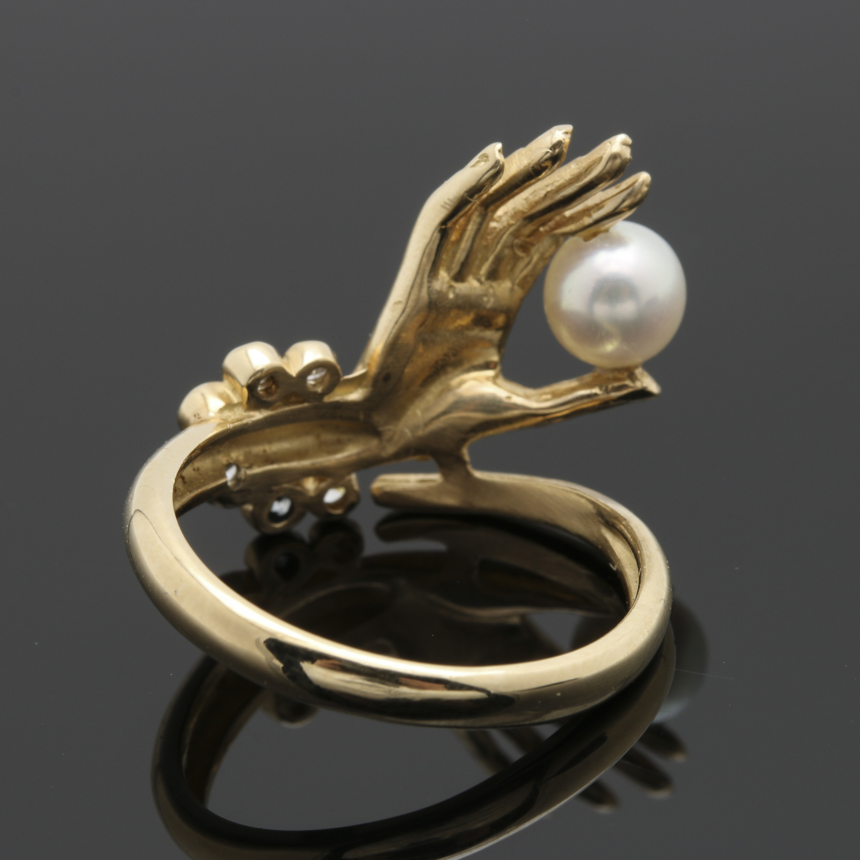 14K Yellow Gold Cultured Pearl and Diamond Hand Ring
