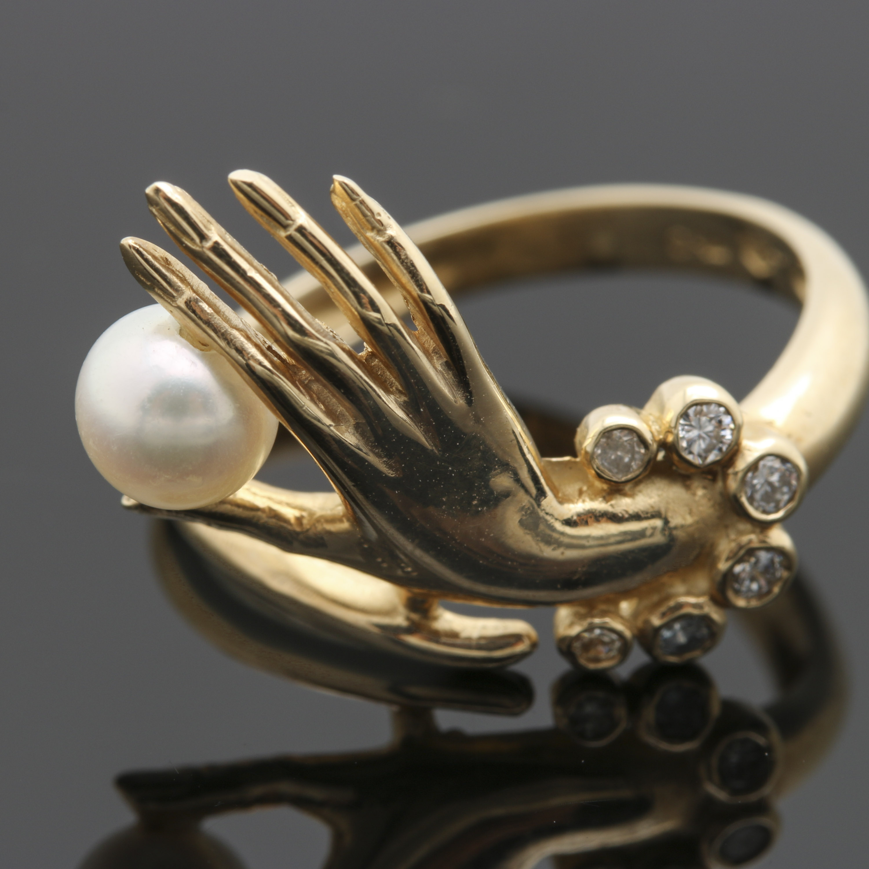 14K Yellow Gold Cultured Pearl and Diamond Hand Ring
