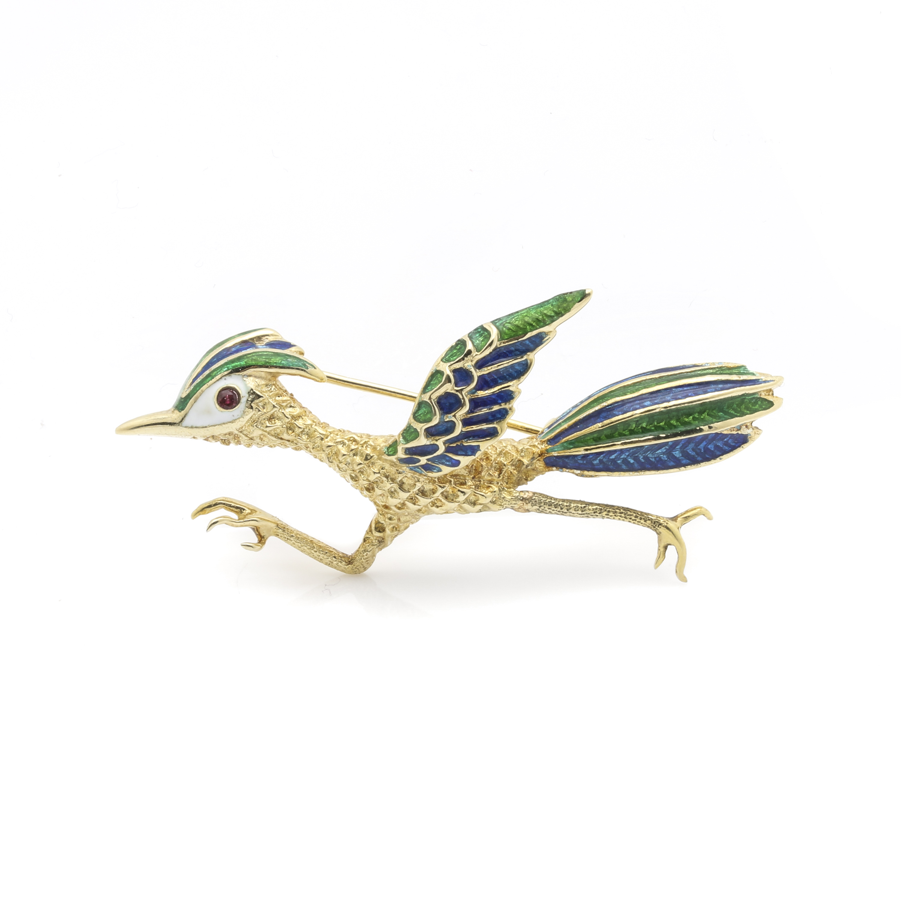 14K Yellow Gold Ruby and Enamel Road Runner Brooch