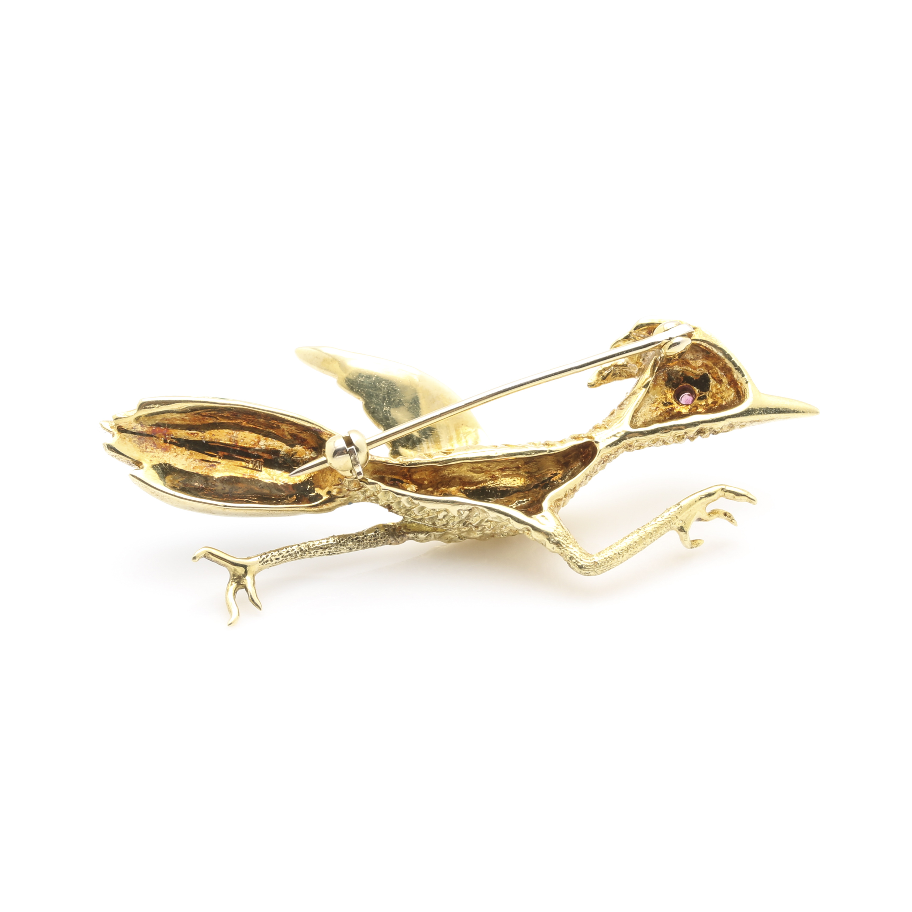 14K Yellow Gold Ruby and Enamel Road Runner Brooch