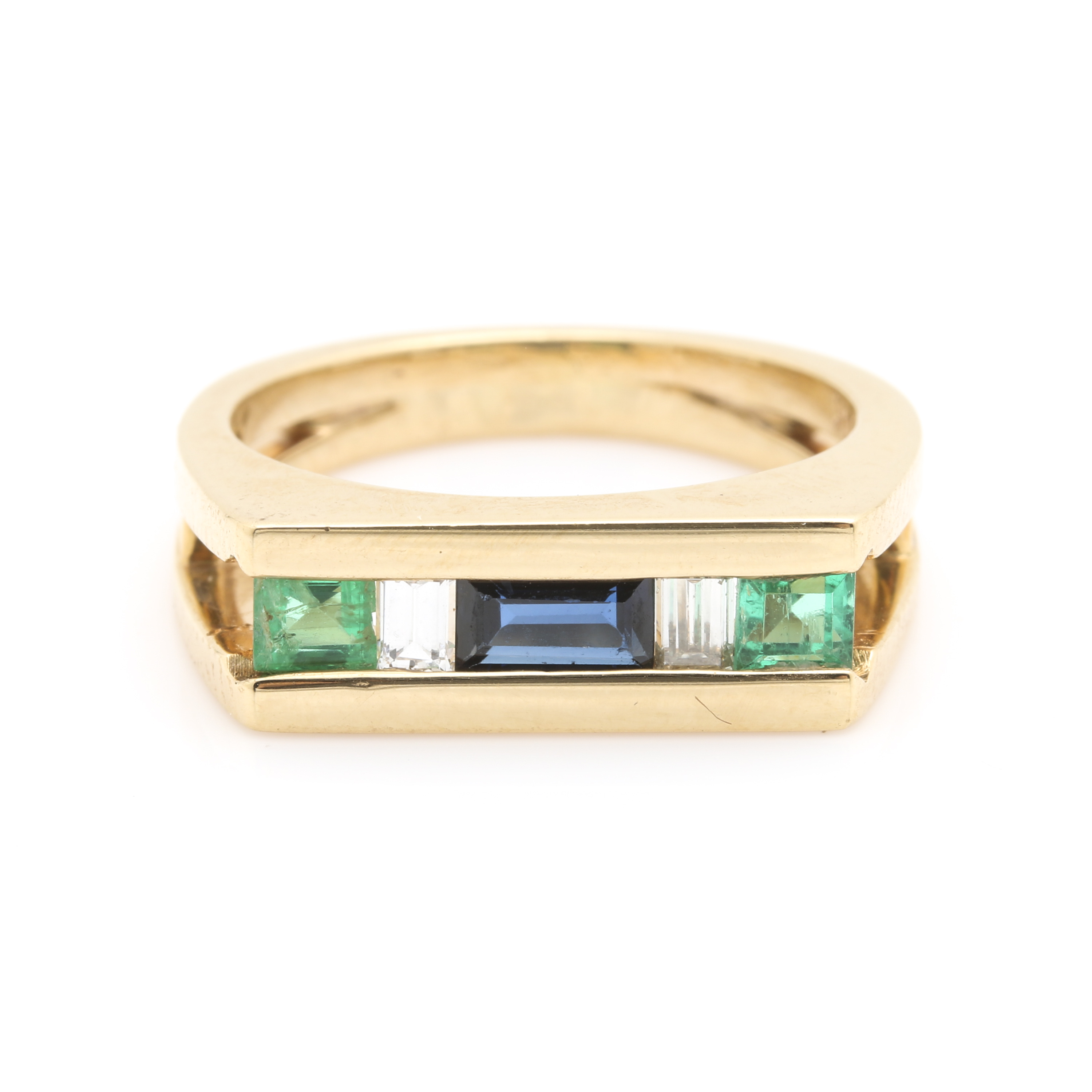 14K Yellow Gold Sapphire, Emerald, and Diamond Ring