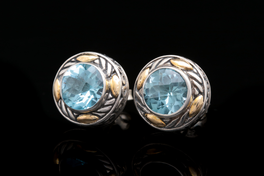 Robert Manse Sterling Silver, 18K Yellow Gold and Blue Topaz Earrings