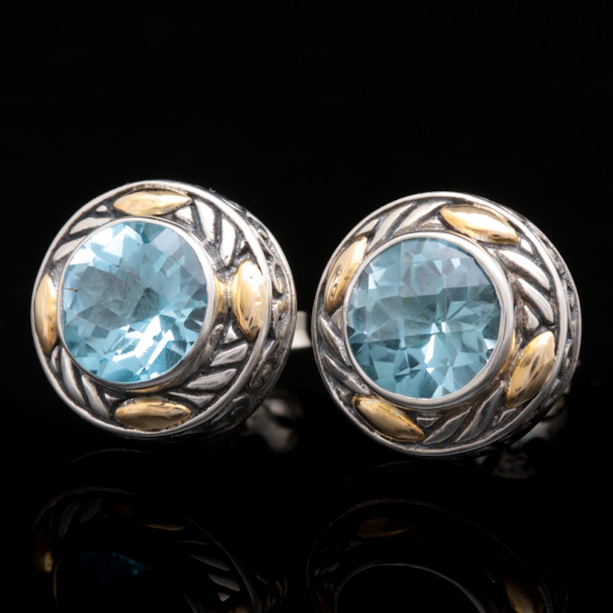 Robert Manse Sterling Silver, 18K Yellow Gold and Blue Topaz Earrings