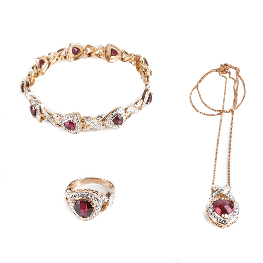 Gold Washed Sterling Silver Diamond and Synthetic Ruby Parure