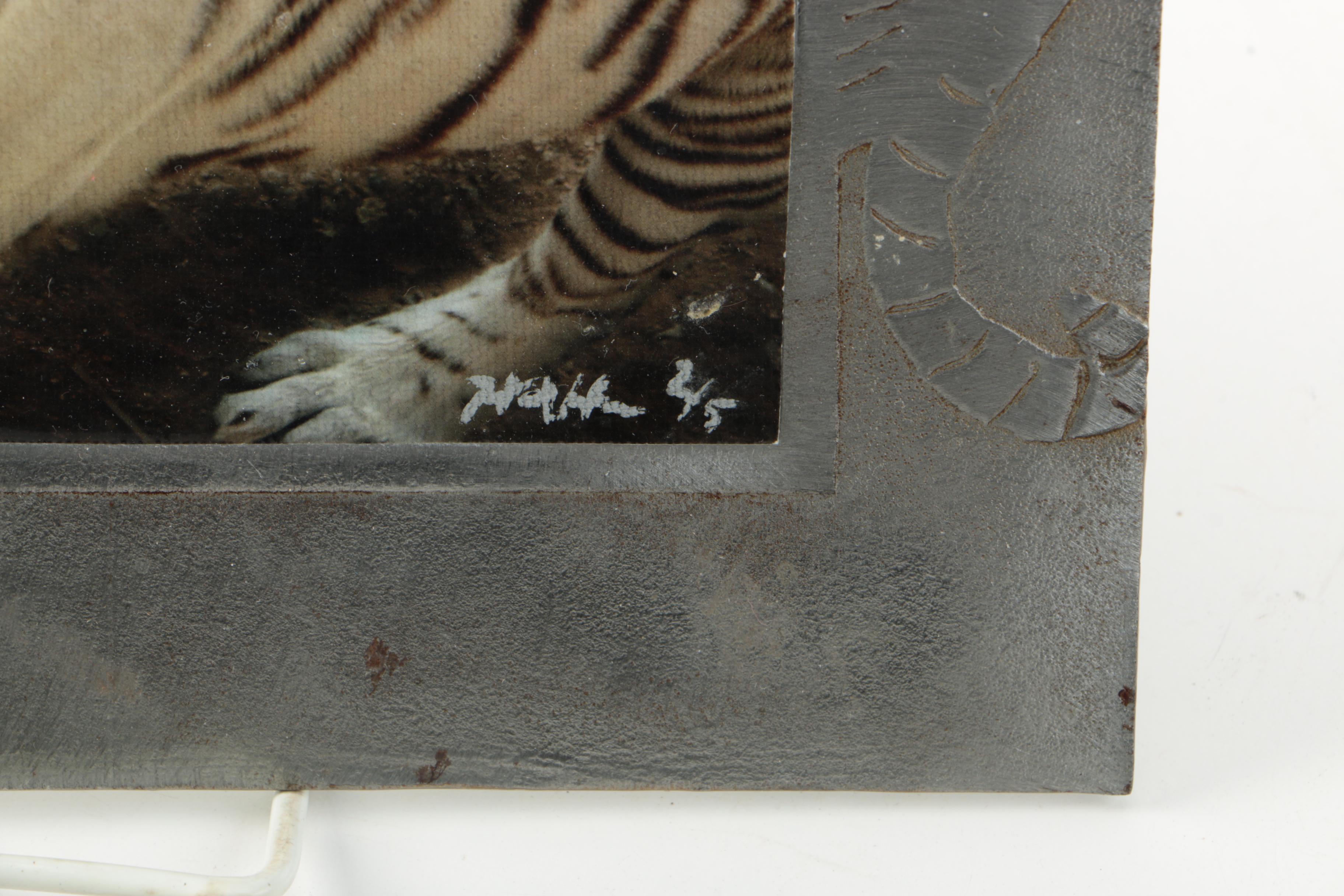 Sorrento Wood Music Box and Image of White Tiger in Metal Frame