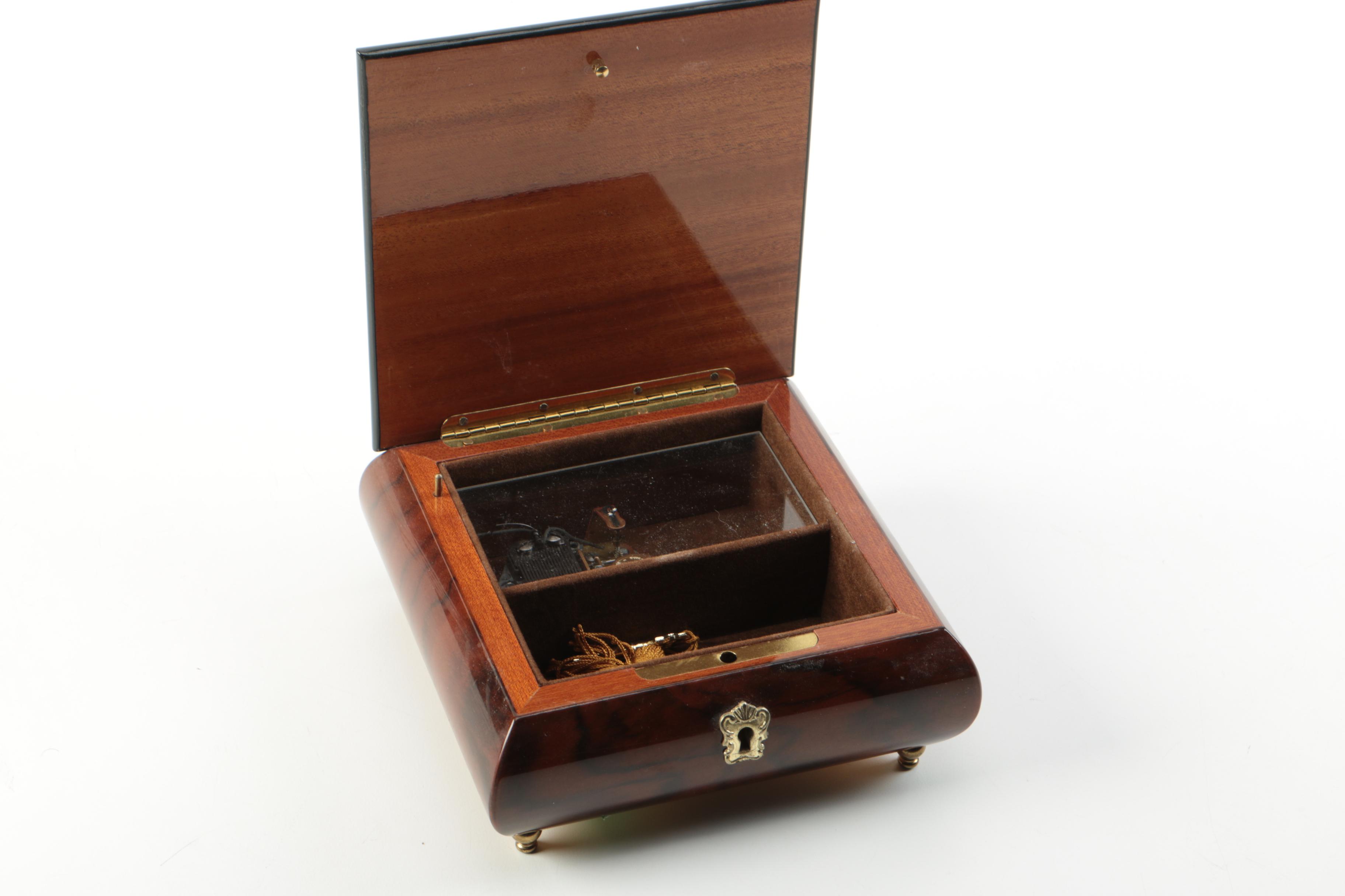 Sorrento Wood Music Box and Image of White Tiger in Metal Frame