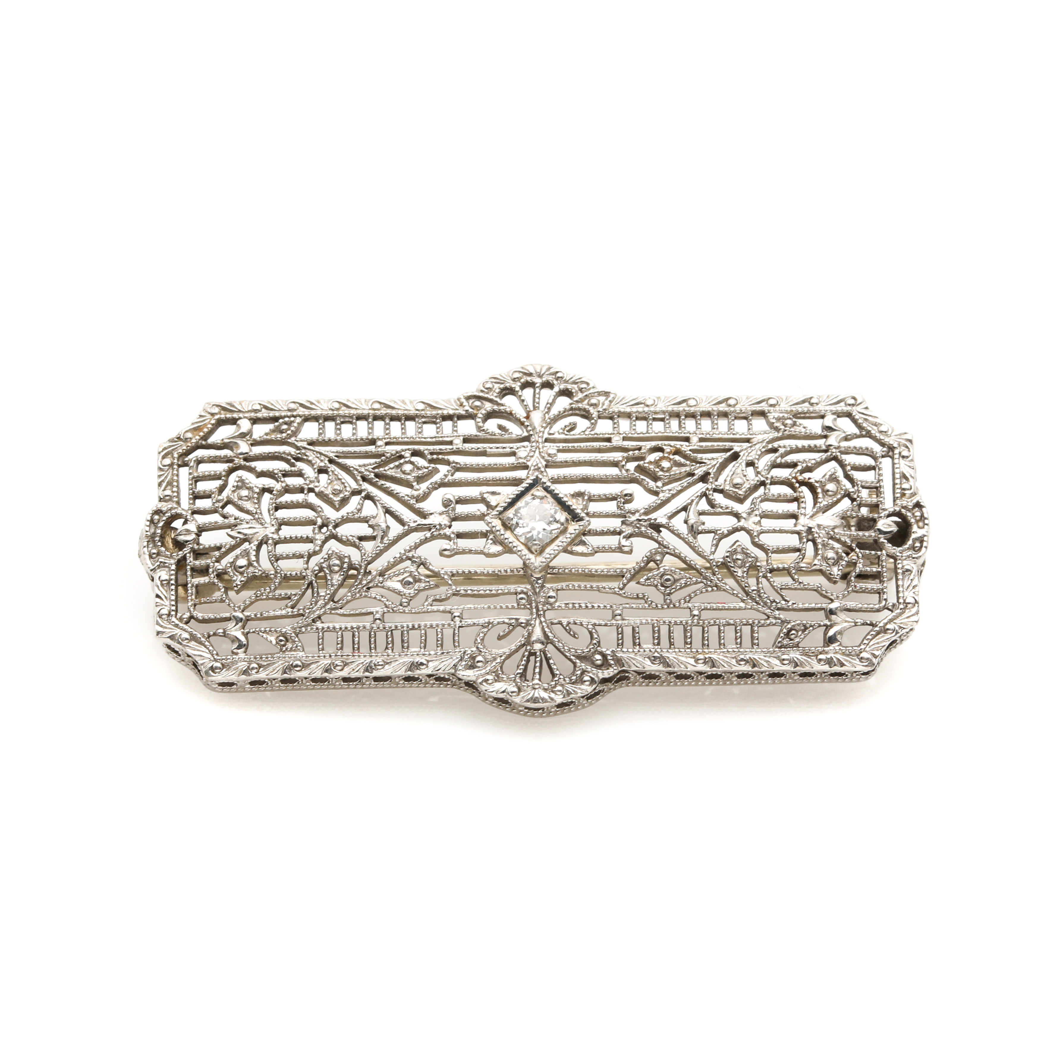 Vintage Platinum Diamond Rectangular Brooch With 14K White Gold Findings