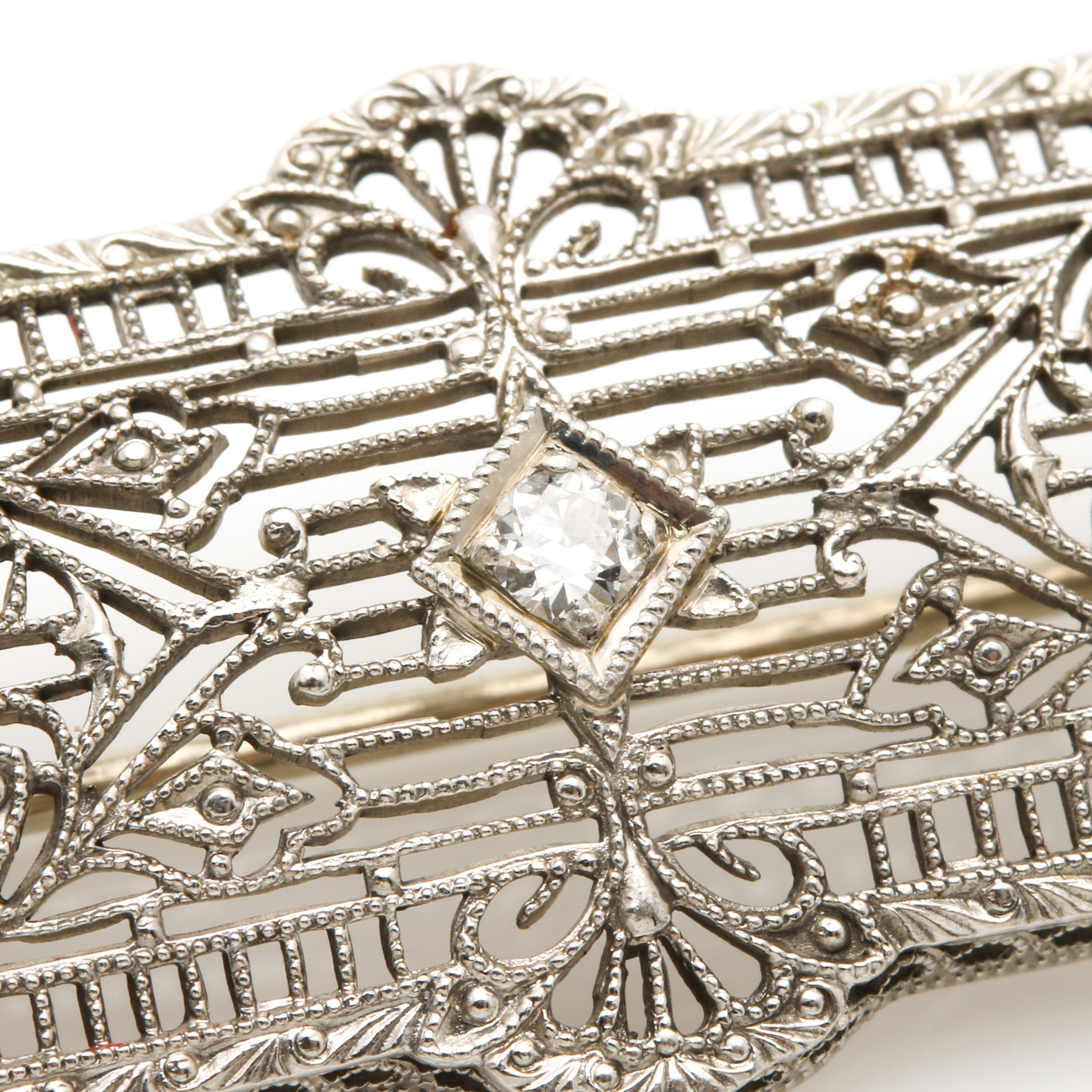Vintage Platinum Diamond Rectangular Brooch With 14K White Gold Findings