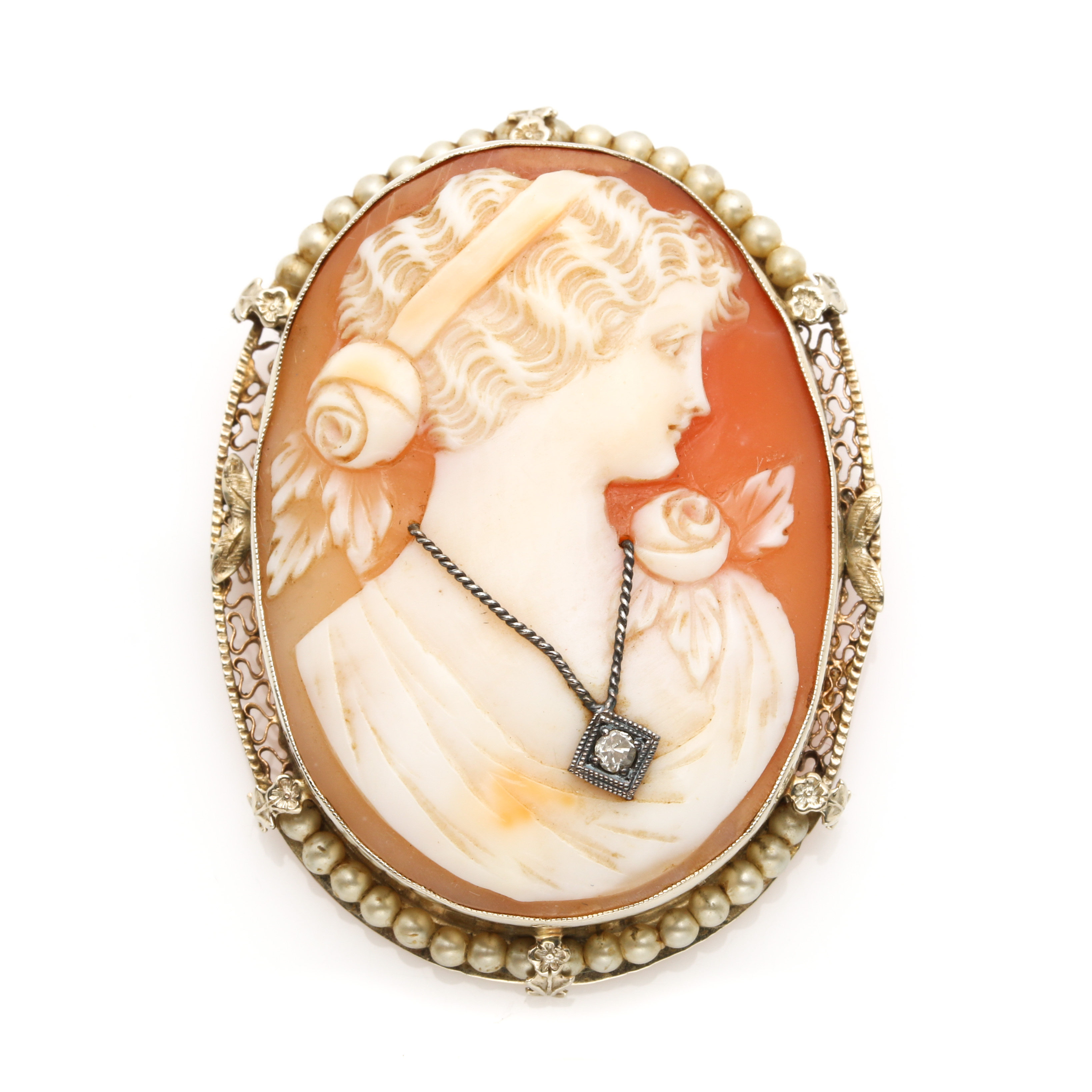 14K Yellow Gold Cameo Habille Diamond and Seed Pearl Converter Brooch