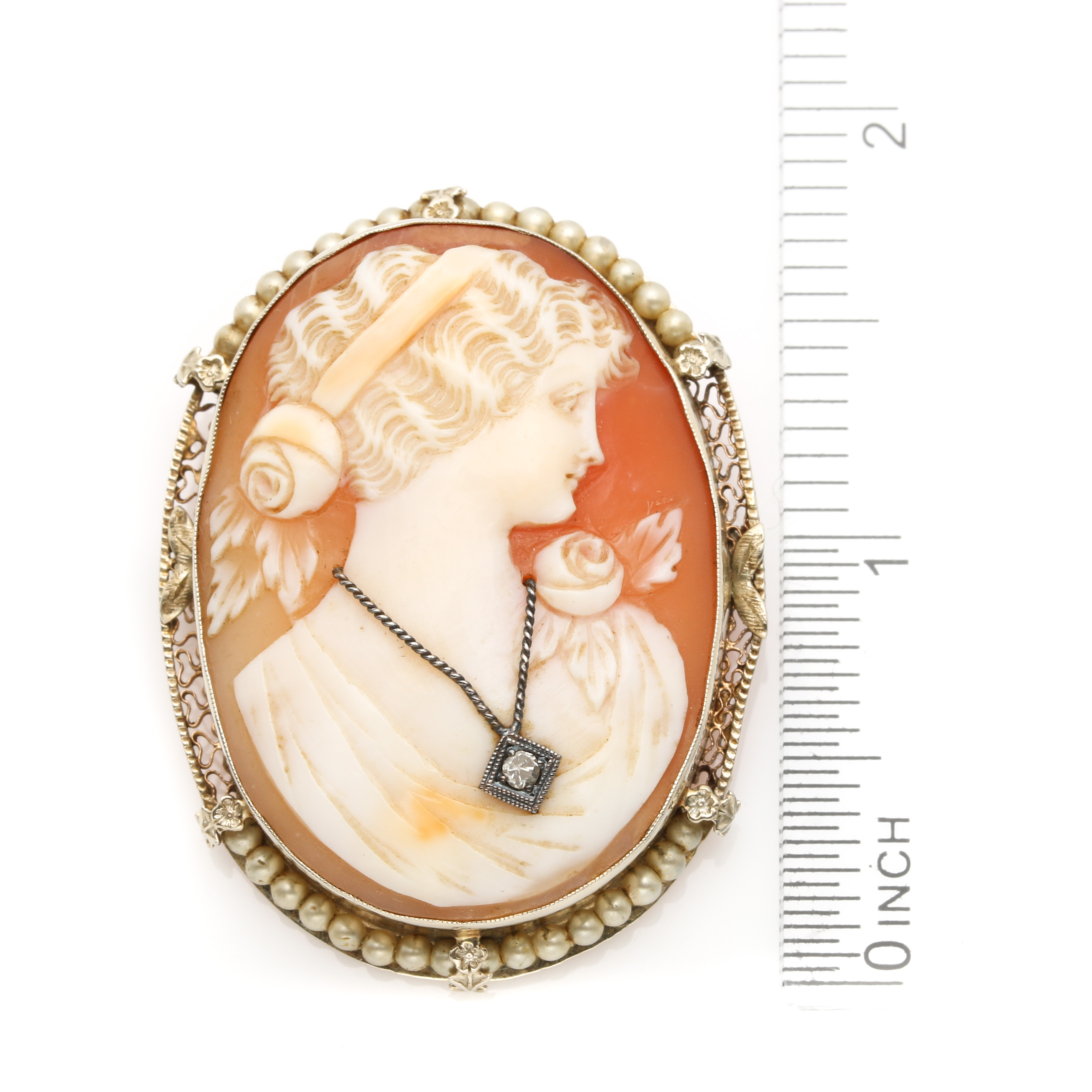 14K Yellow Gold Cameo Habille Diamond and Seed Pearl Converter Brooch