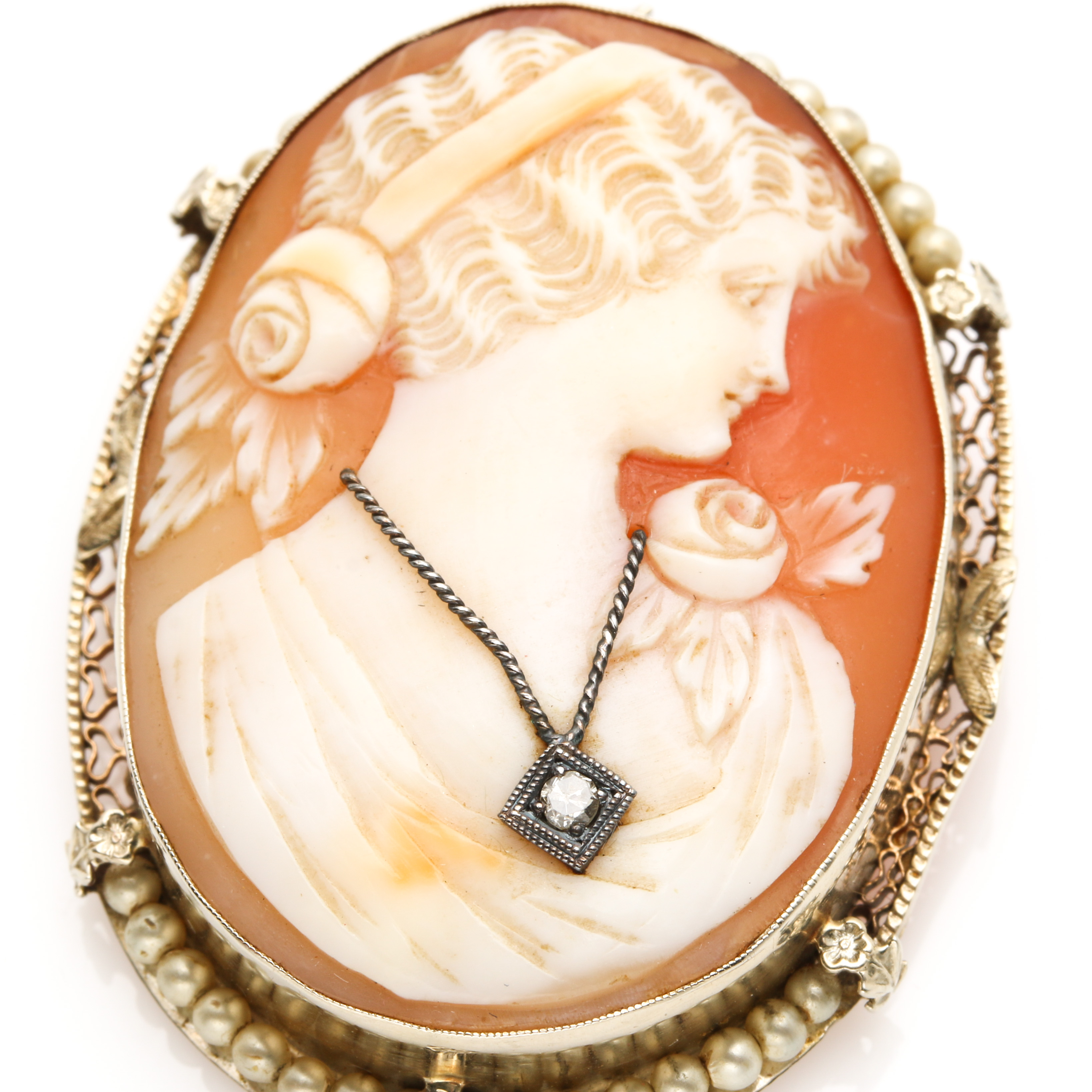 14K Yellow Gold Cameo Habille Diamond and Seed Pearl Converter Brooch