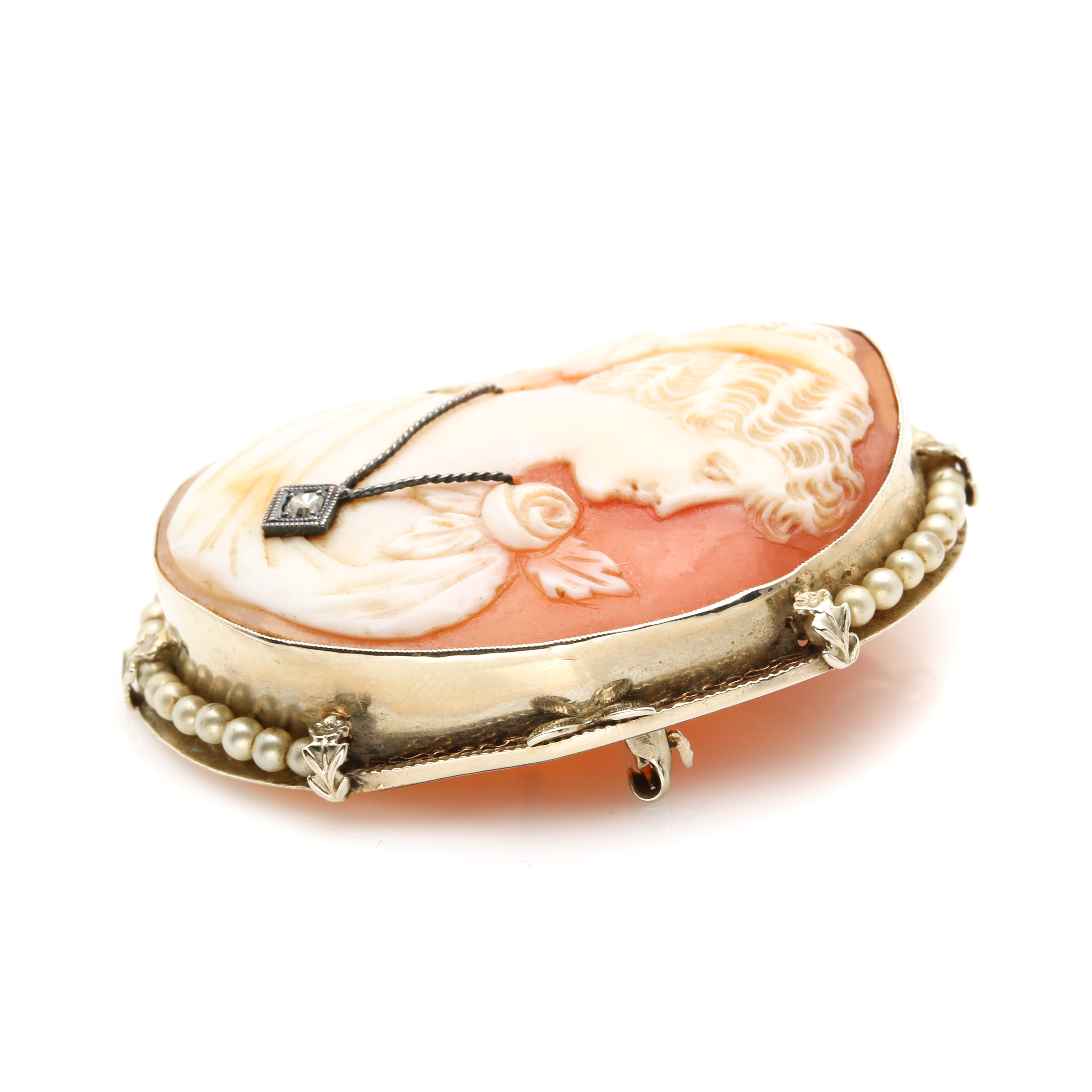 14K Yellow Gold Cameo Habille Diamond and Seed Pearl Converter Brooch
