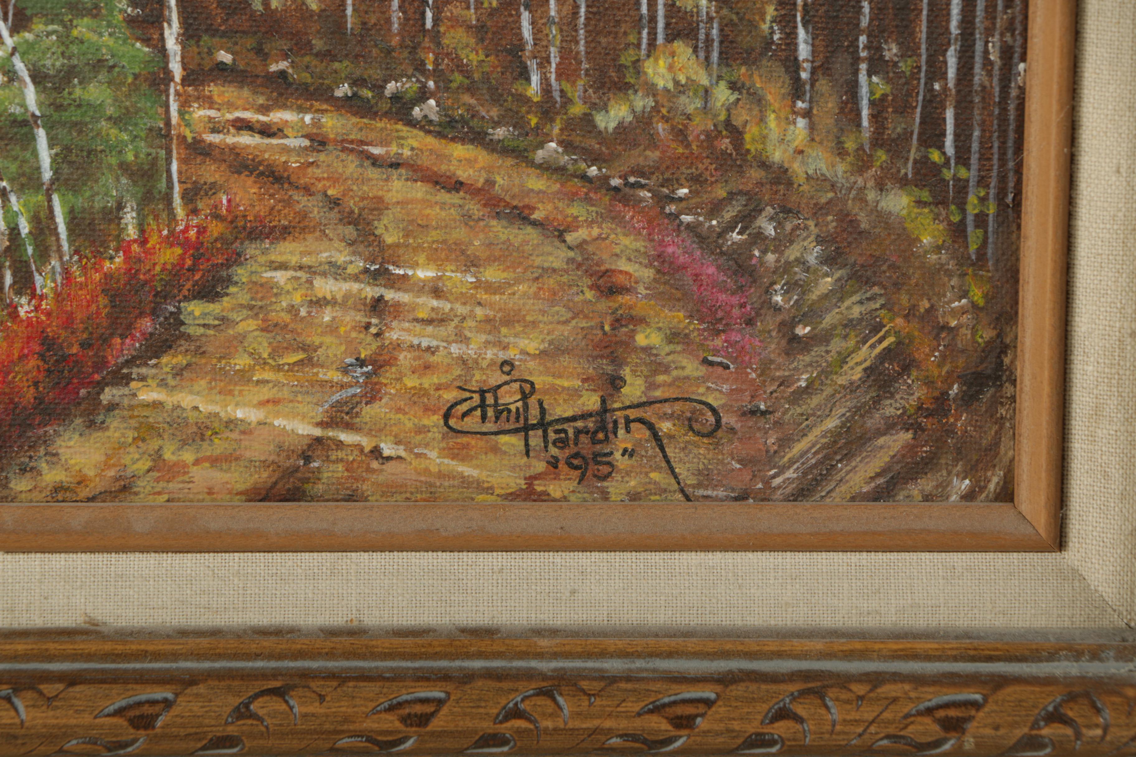 Phil Hardin 1995 Oil Painting on Canvas Board of Autumn Mountain Landscape