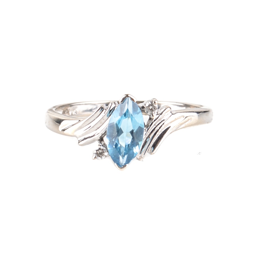 14K White Gold Blue Topaz and Diamond Ring