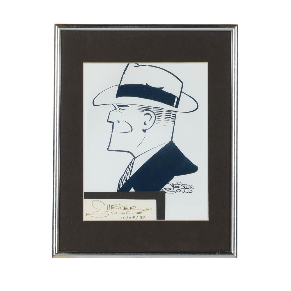 Signed Chester Gould Autograph and Reproduction Print on Paper of Dick Tracy