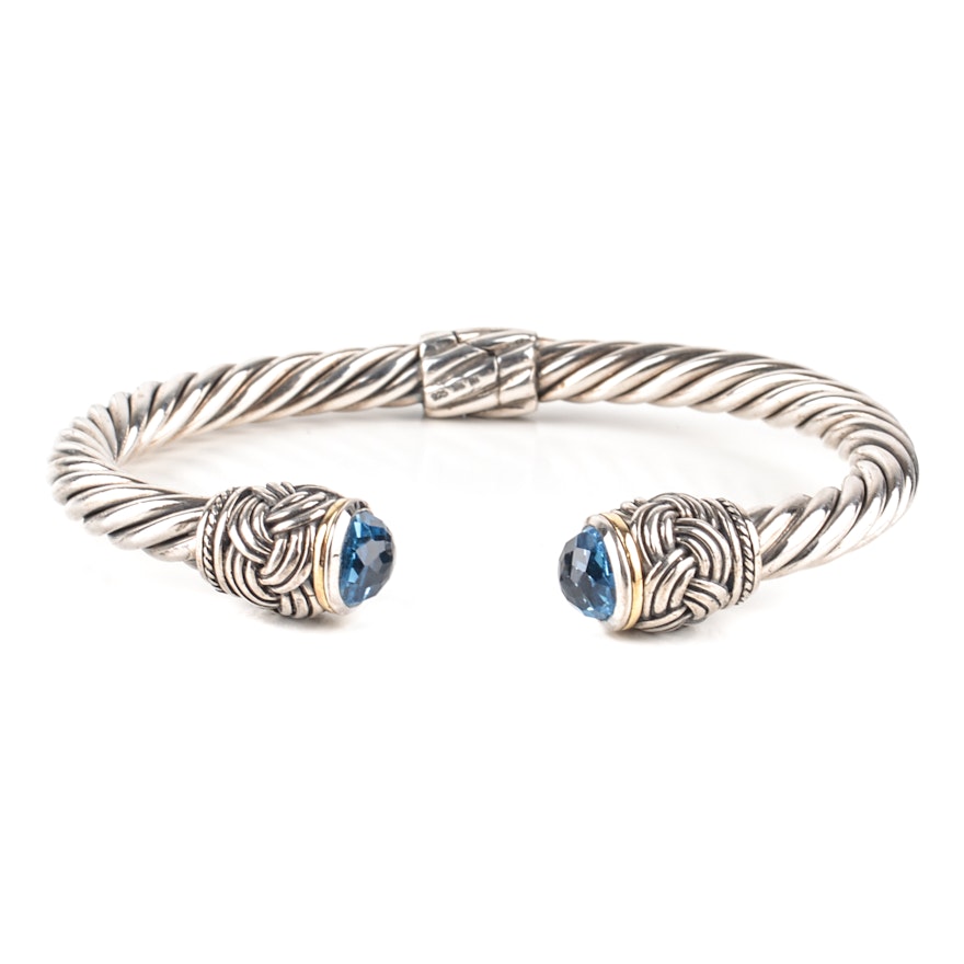 Sterling Silver and 18K Yellow Gold Hinged Cuff With Blue Topaz