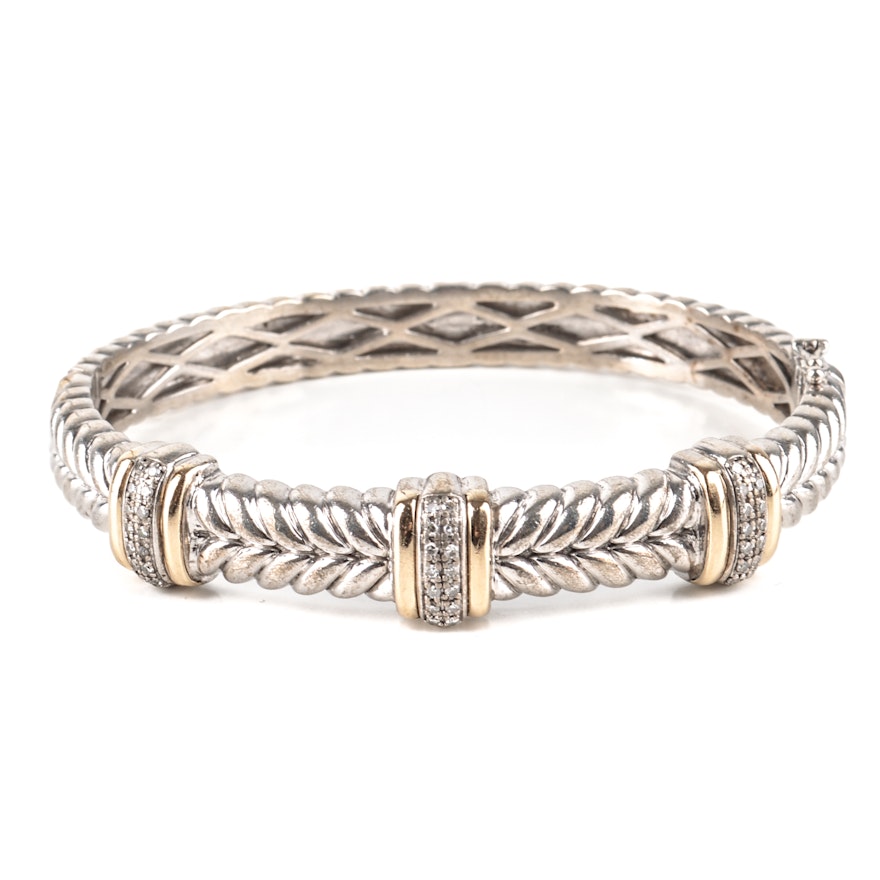 Sterling Silver and 14K Yellow Gold Diamond Bangle Bracelet