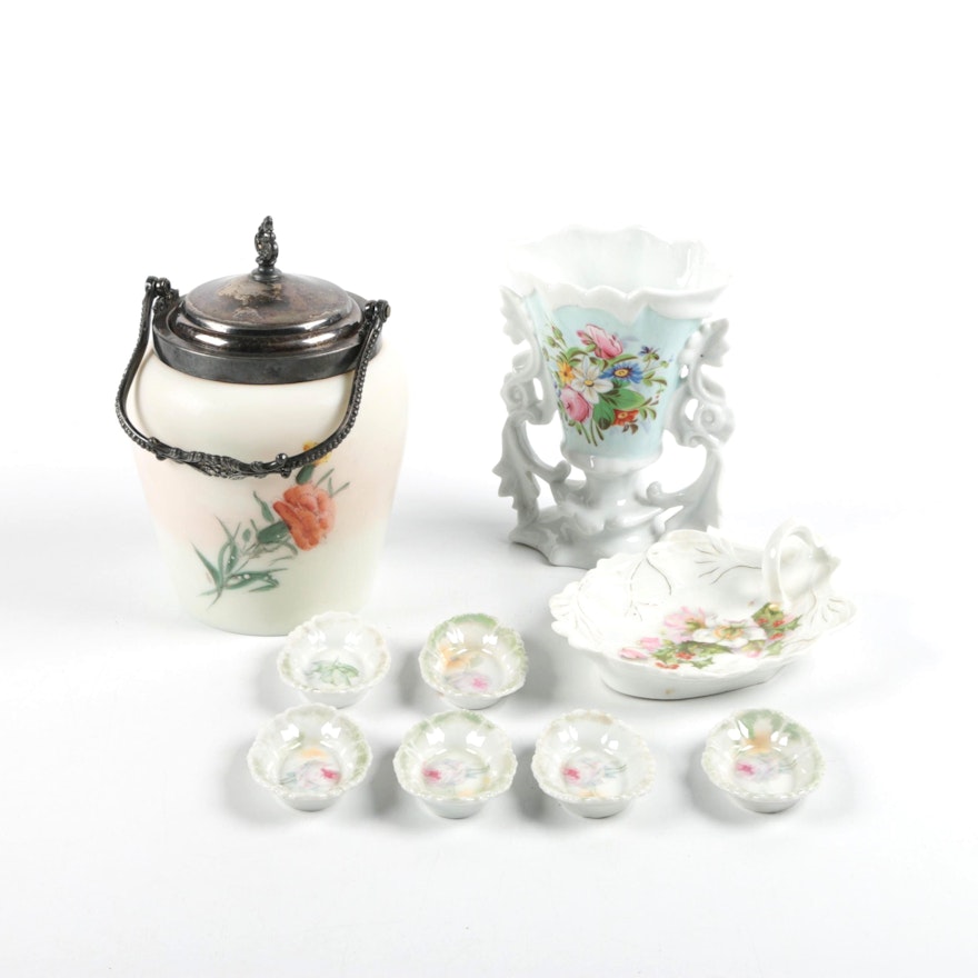 Victorian Glass Biscuit Jar and Porcelain Decor Including Sorau Brandenburg
