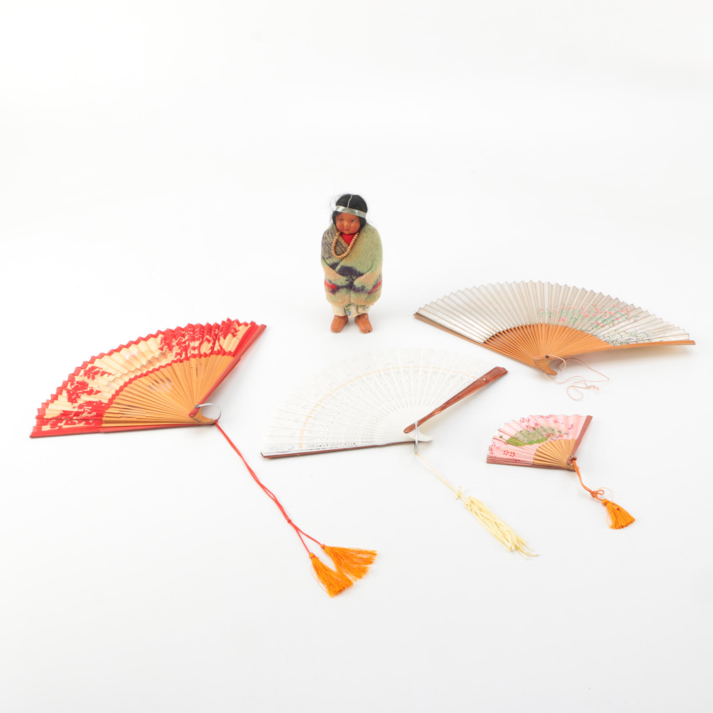 American Indian "Skookum" Doll and Vintage Folding Fans