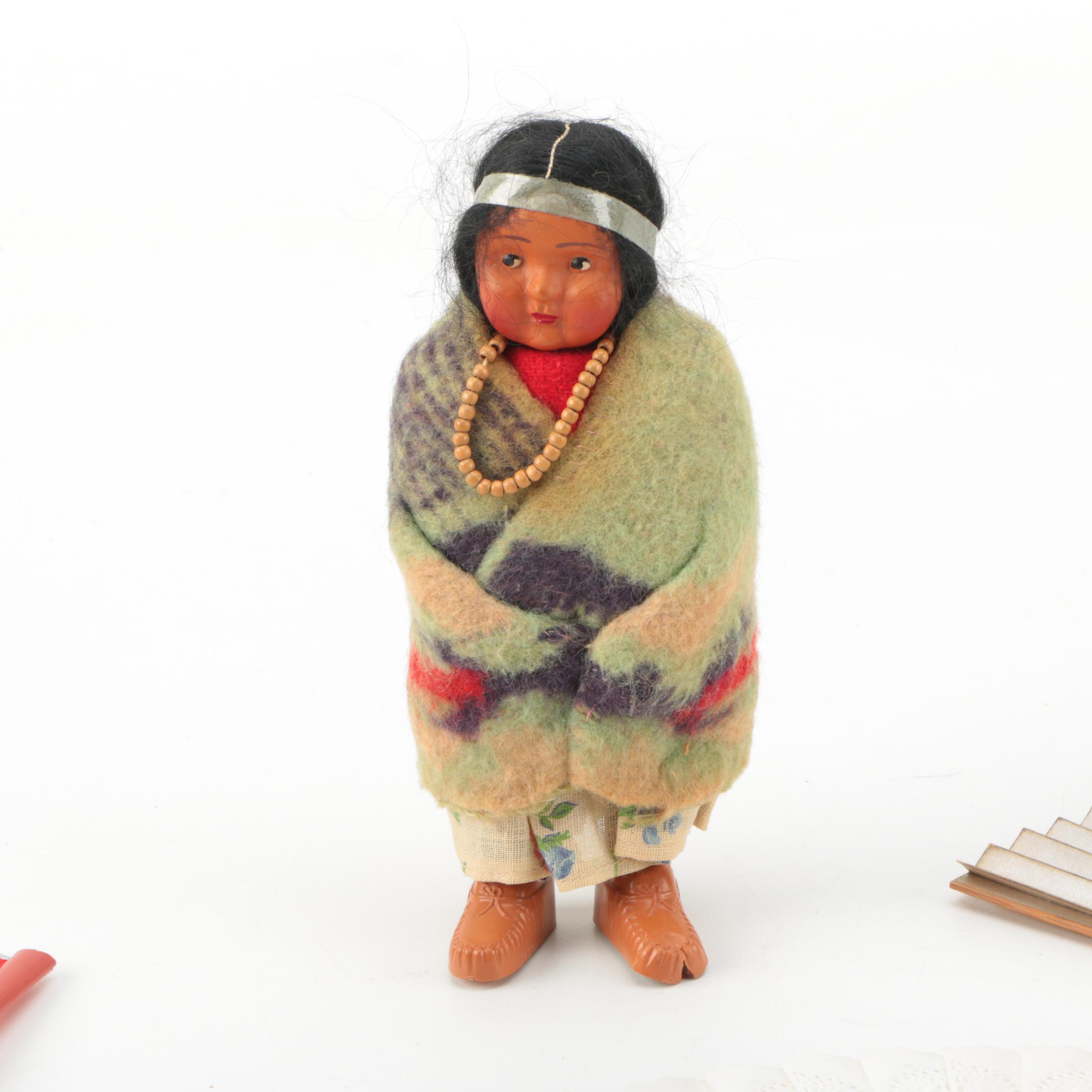 American Indian "Skookum" Doll and Vintage Folding Fans