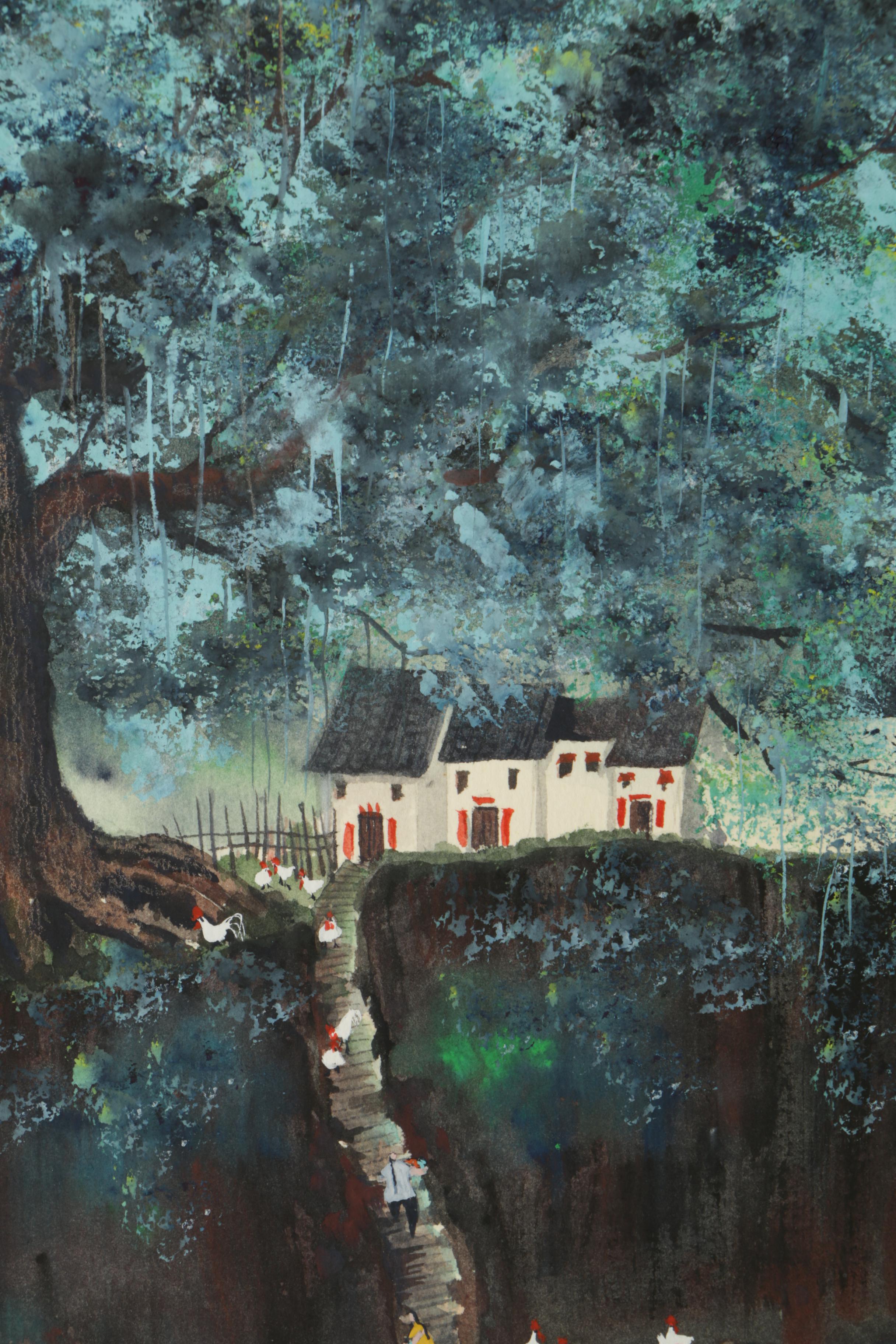 Vivienne Lee 1980s Watercolor Painting on Paper of Chinese Village Landscape