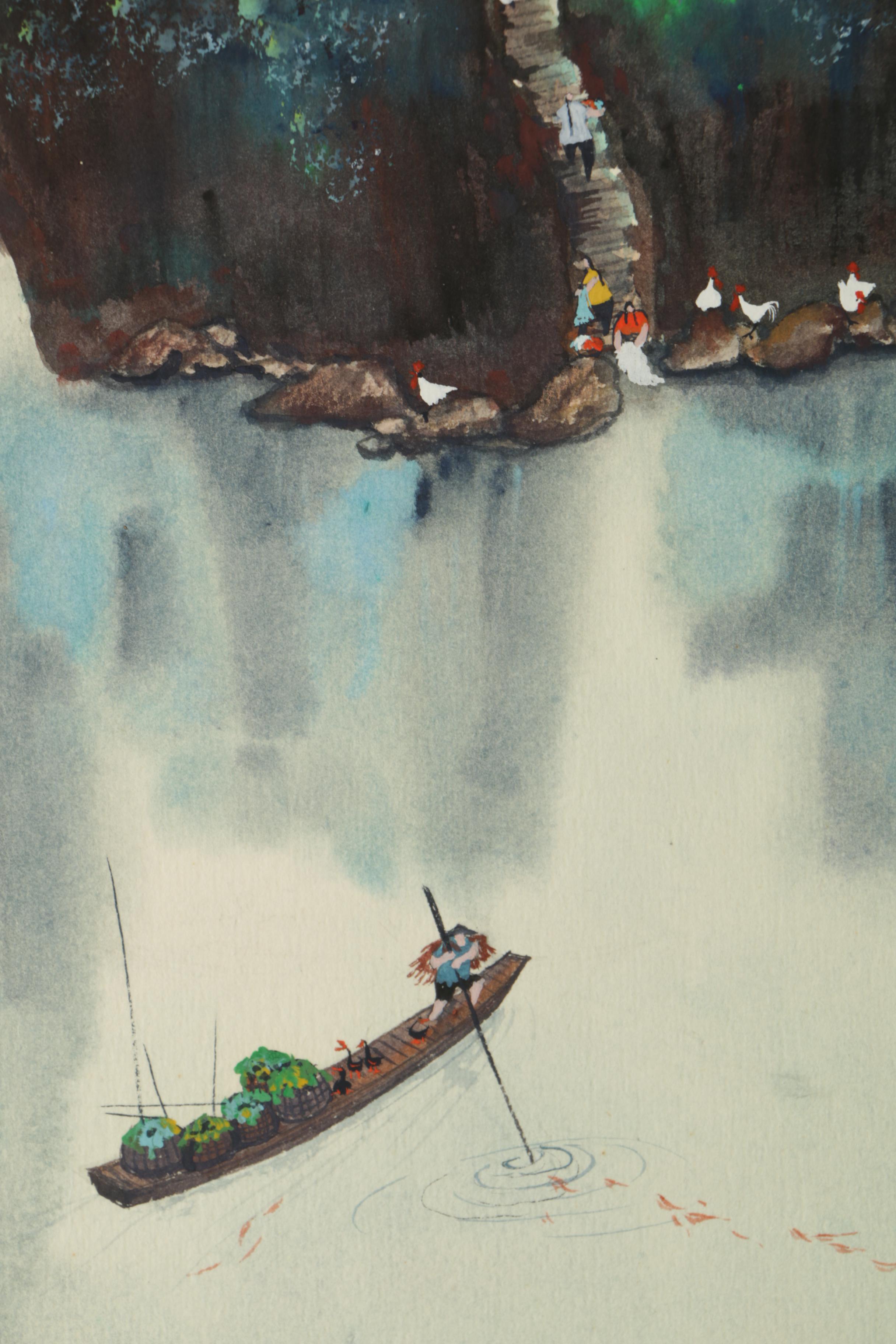 Vivienne Lee 1980s Watercolor Painting on Paper of Chinese Village Landscape