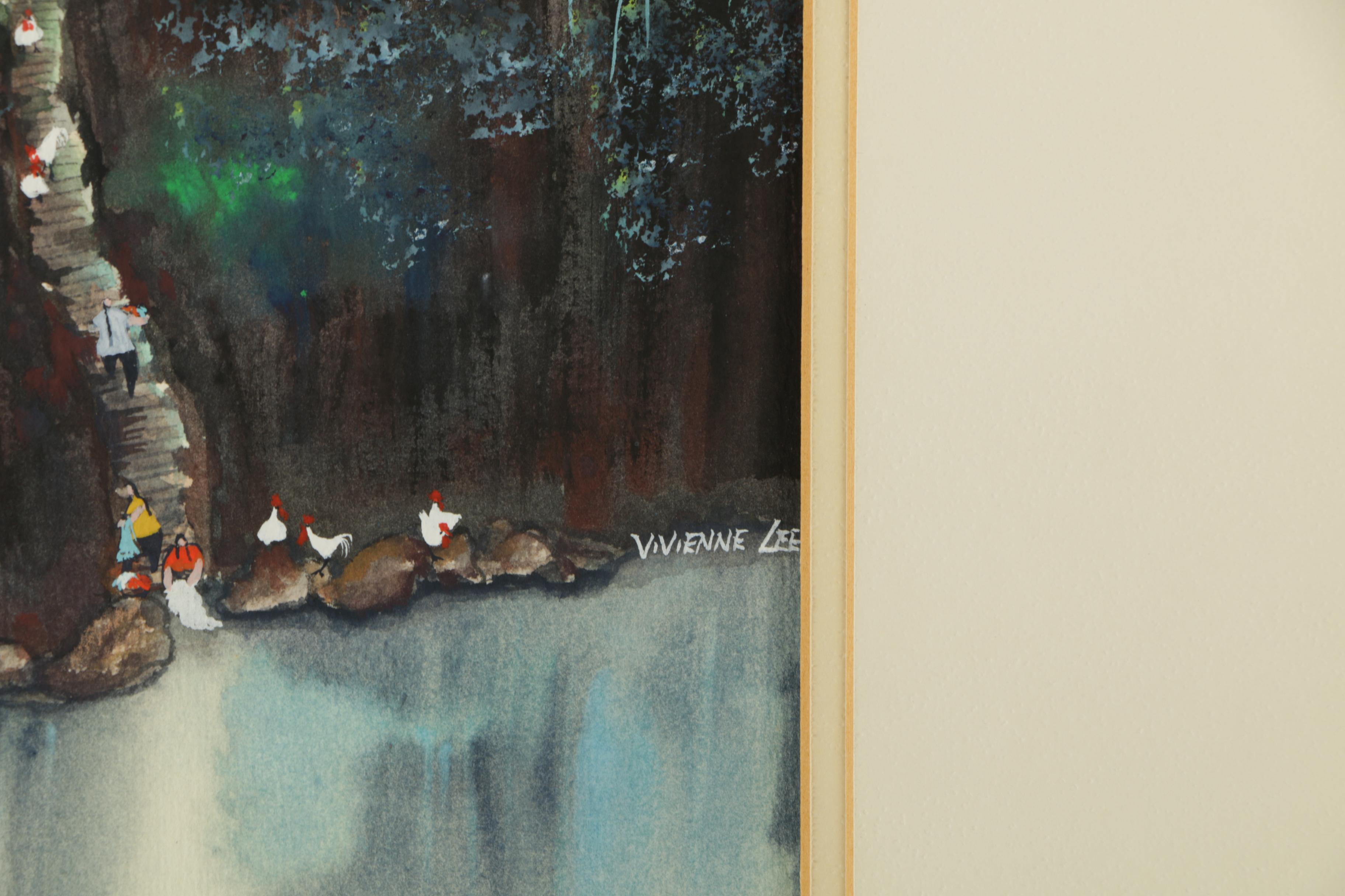 Vivienne Lee 1980s Watercolor Painting on Paper of Chinese Village Landscape