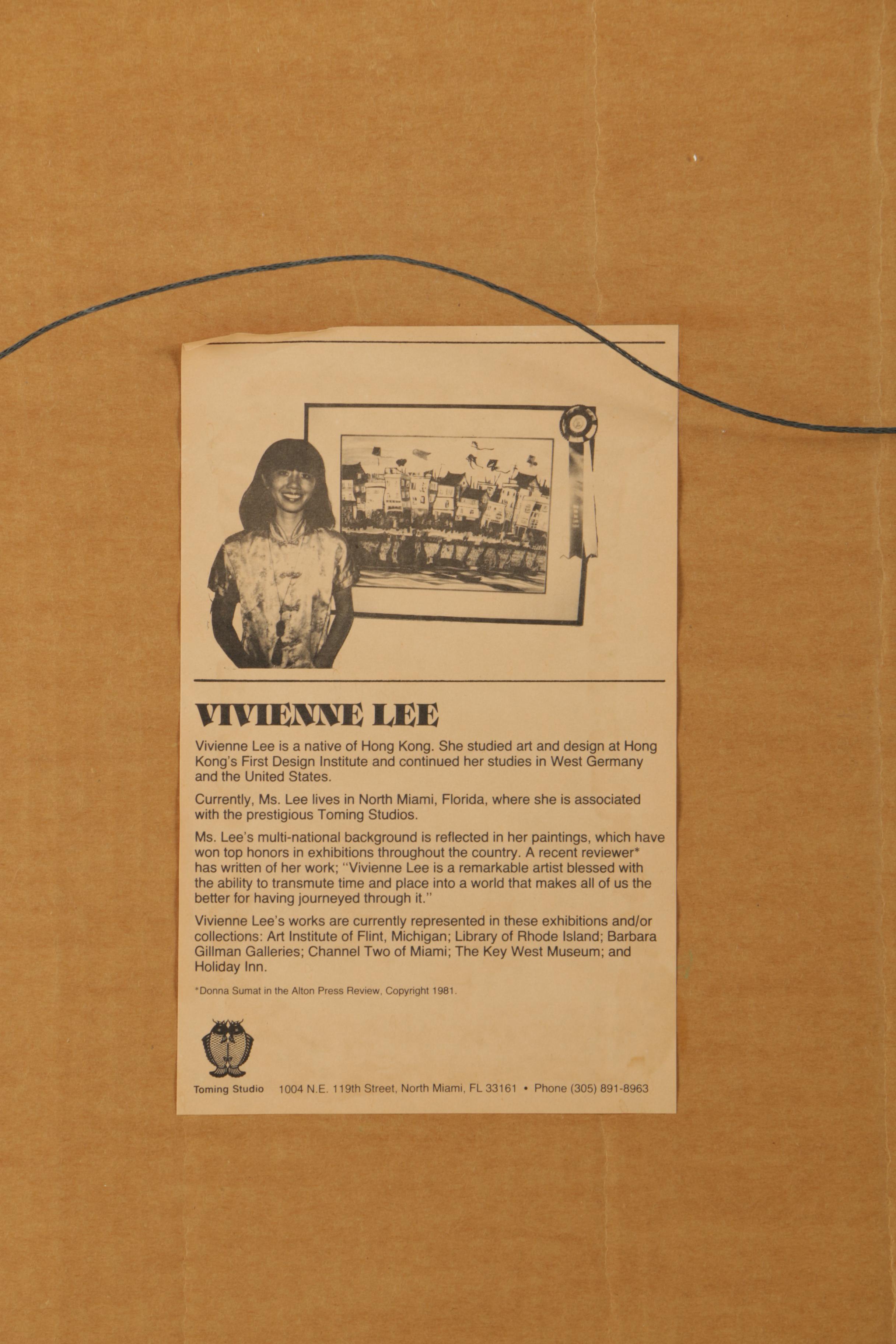 Vivienne Lee 1980s Watercolor Painting on Paper of Chinese Village Landscape