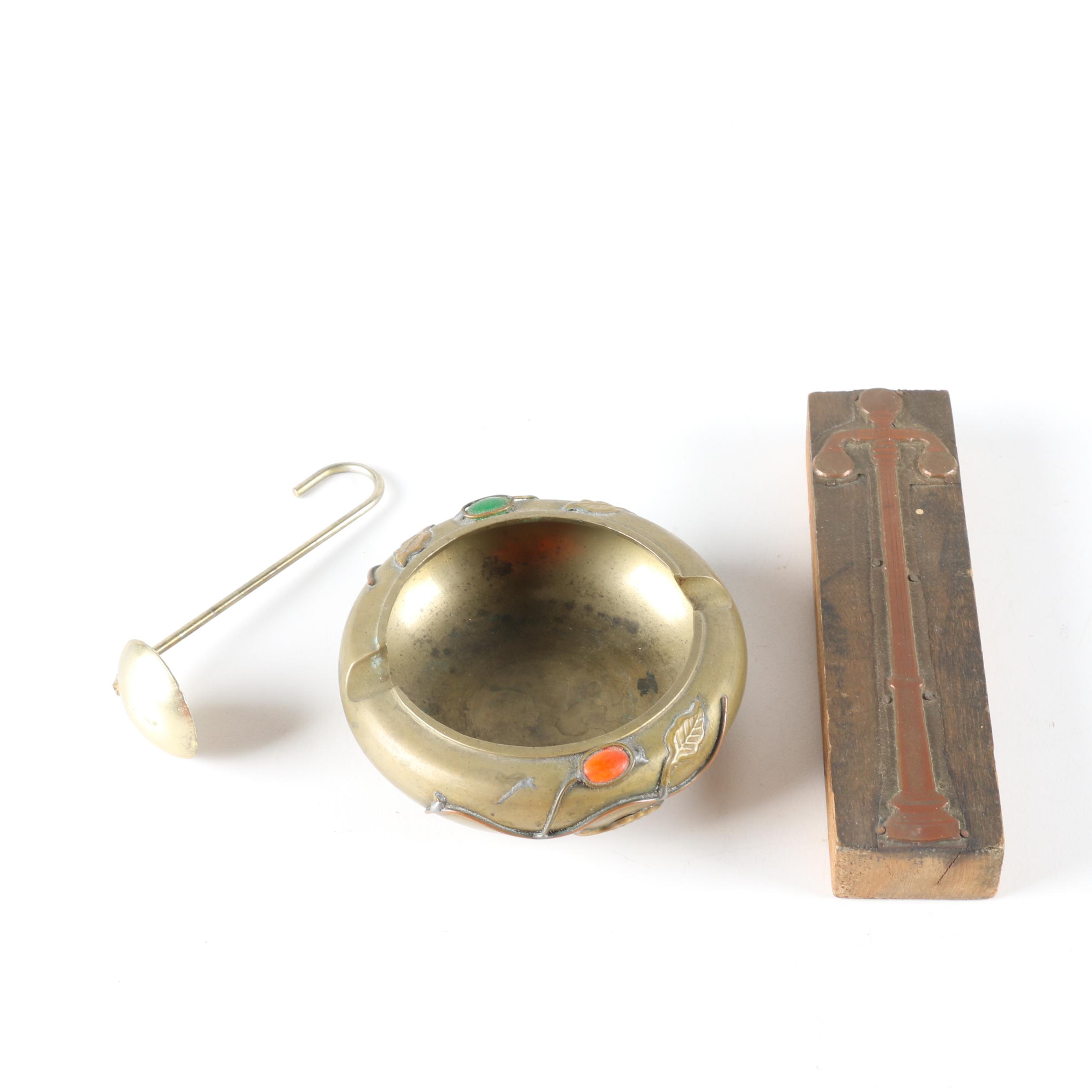Brass Ash Receiver, Wooden Decor and Ladle
