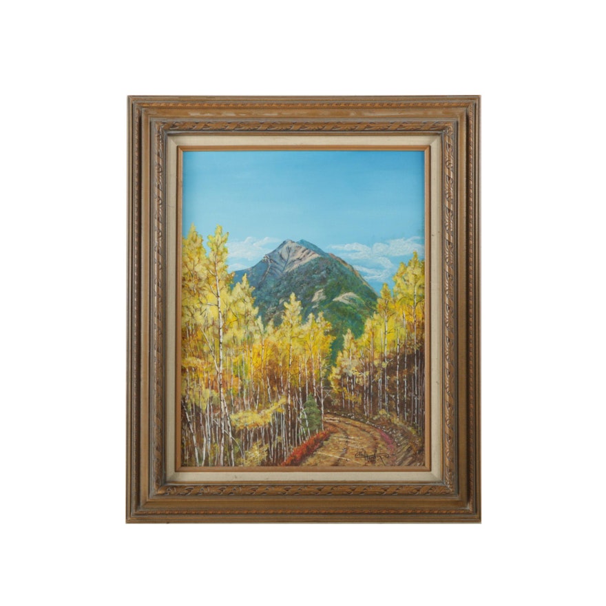 Phil Hardin 1995 Oil Painting on Canvas Board of Autumn Mountain Landscape