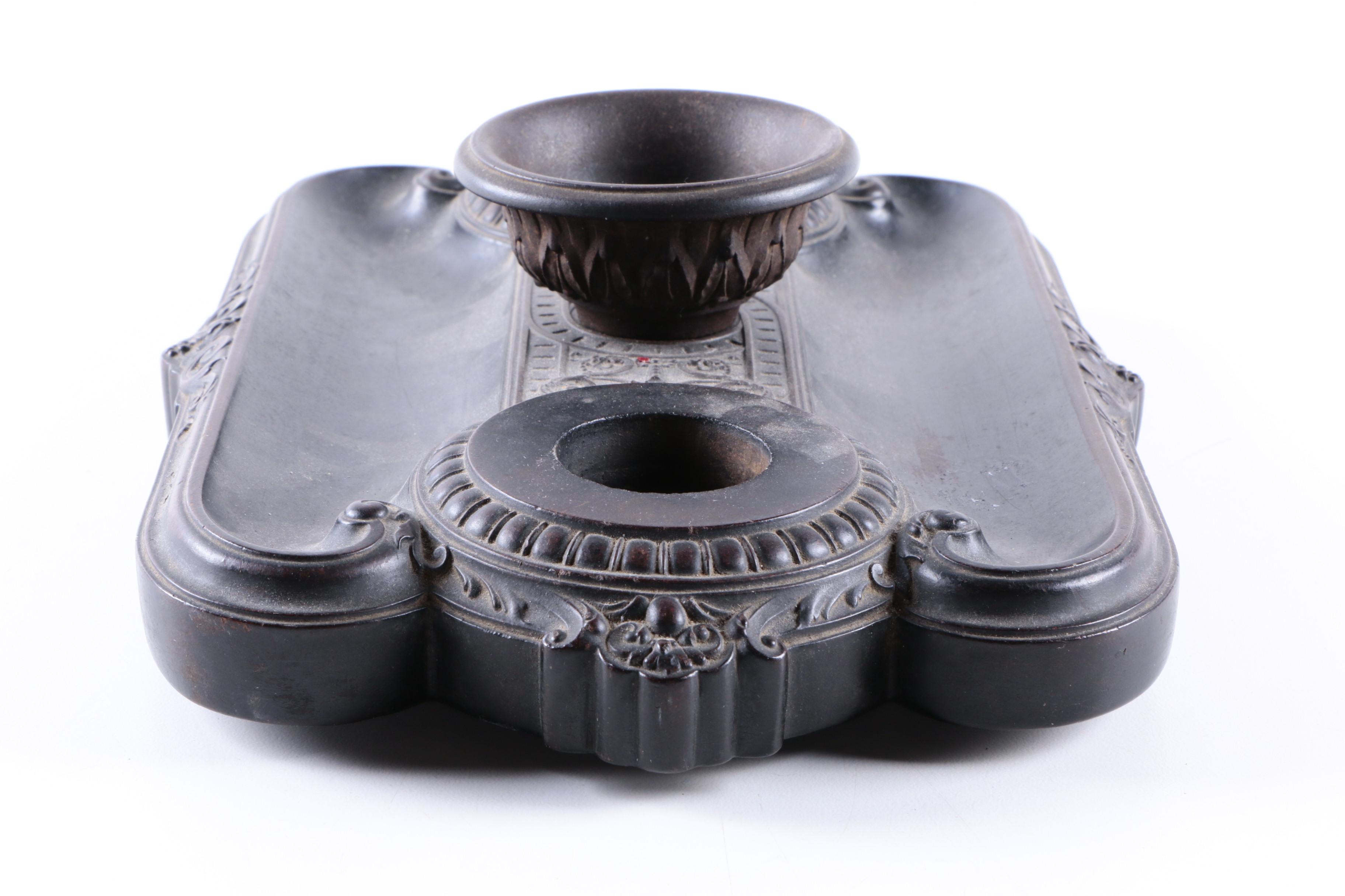 Antique Carved Wooden Inkwell