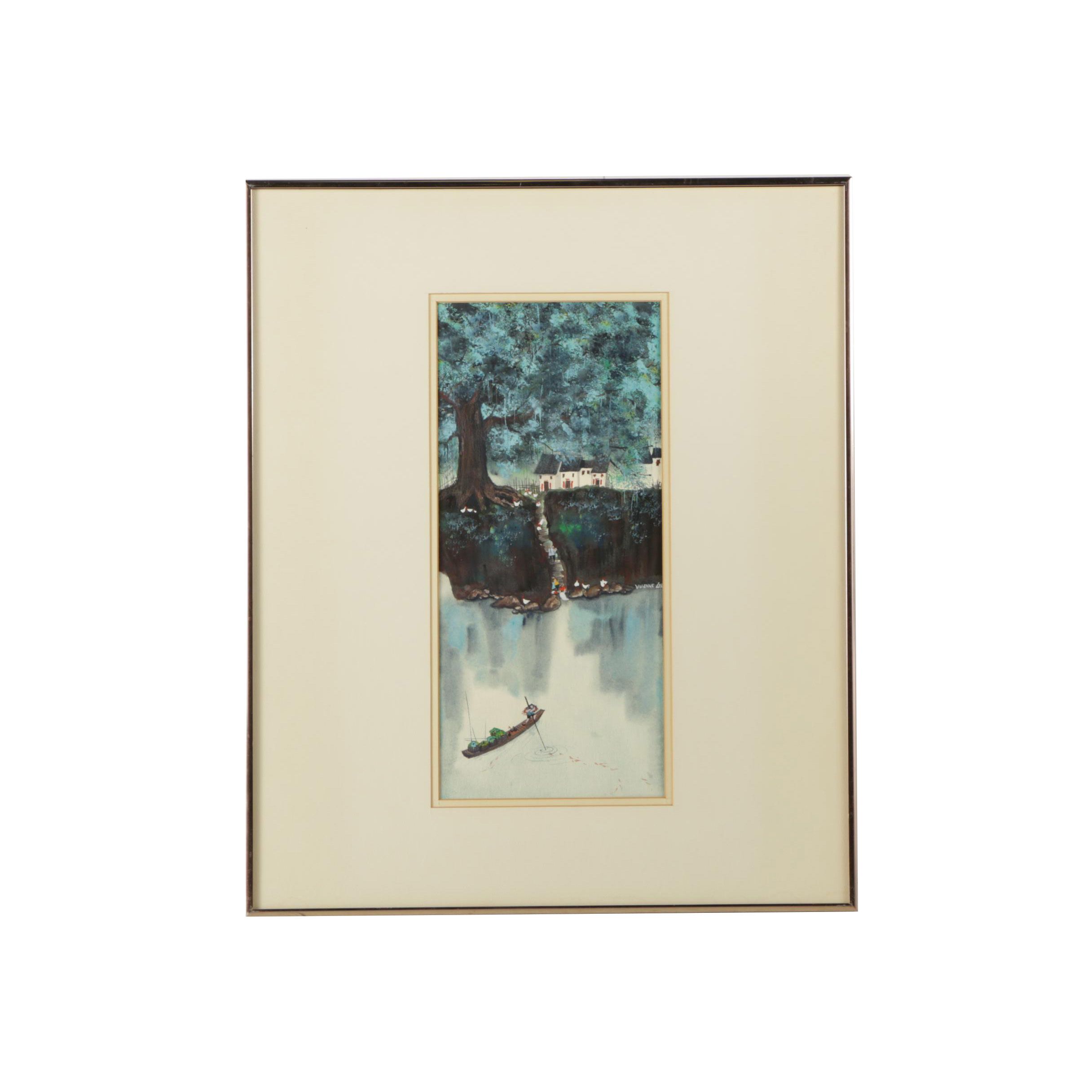 Vivienne Lee 1980s Watercolor Painting on Paper of Chinese Village Landscape