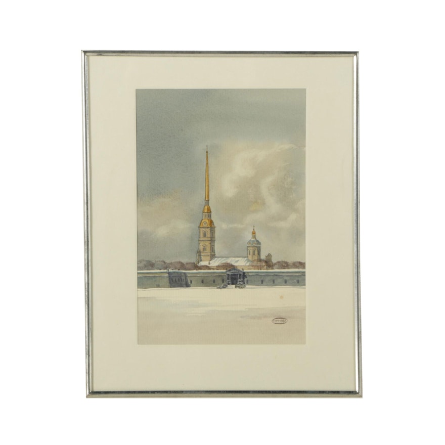 Watercolor on Paper "The Church at the Bastille"