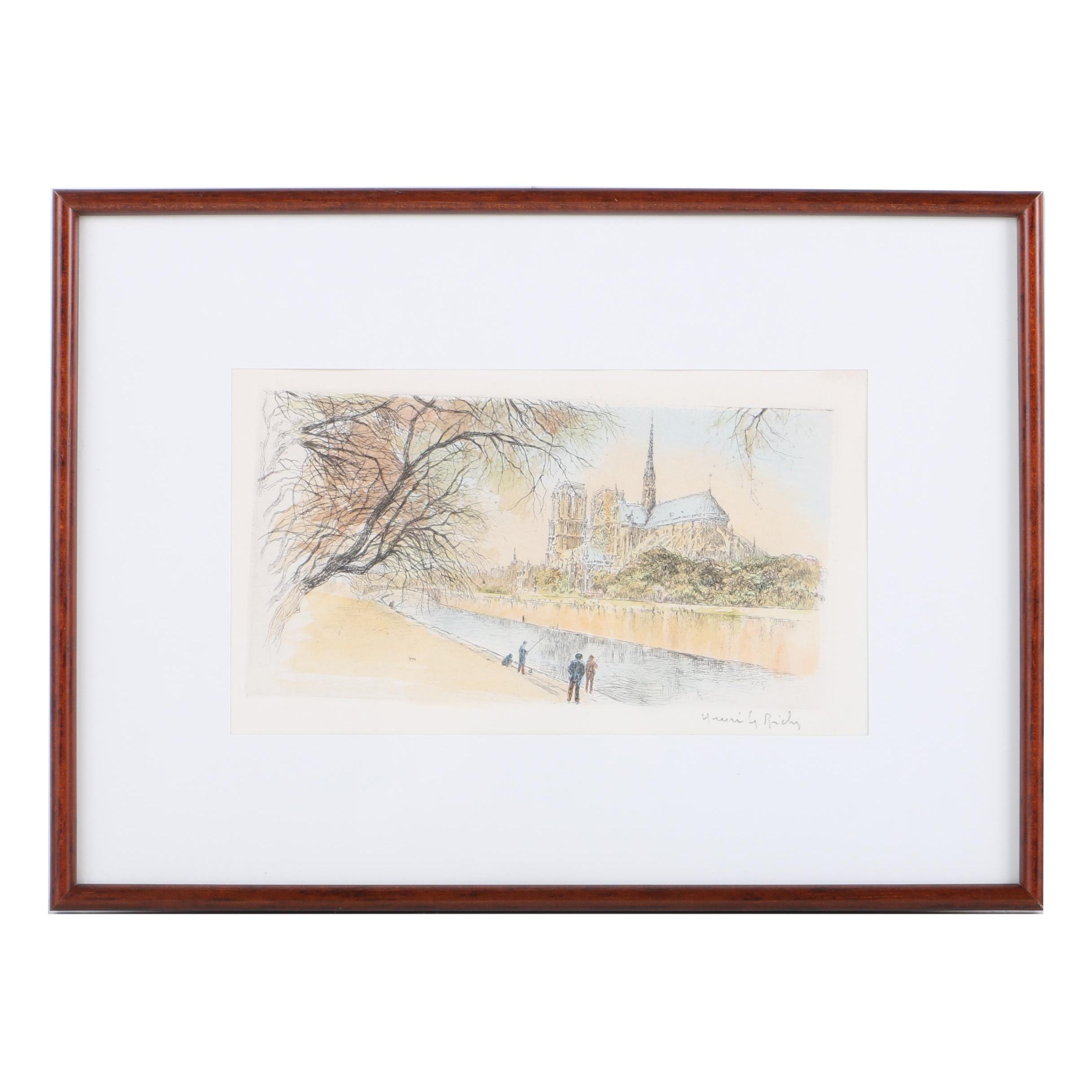 Henri Richy Colored Etching on Paper of Notre Dame Cathedral