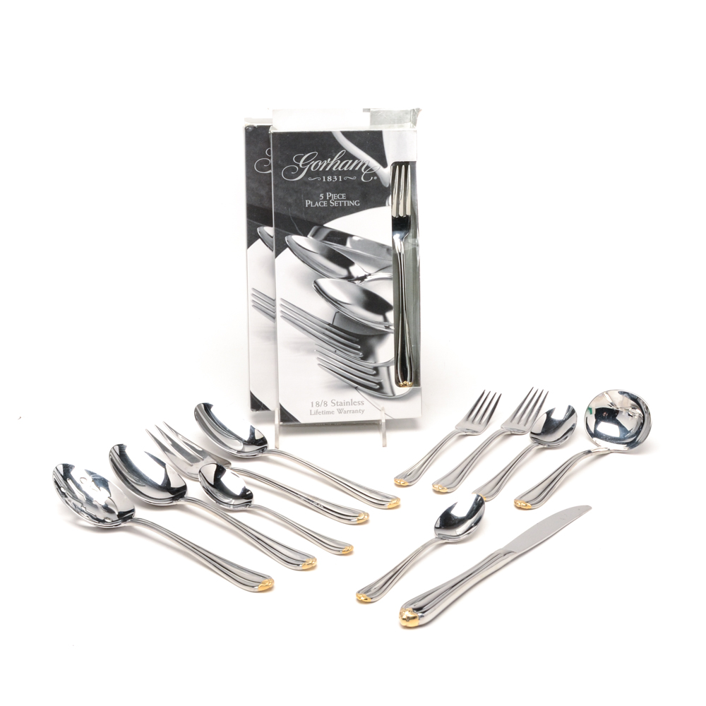 Gorham "Melon Bud" Gold Plate and Stainless Flatware Set for Twelve