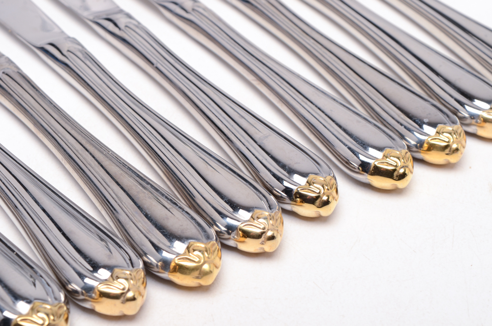 Gorham "Melon Bud" Gold Plate and Stainless Flatware Set for Twelve