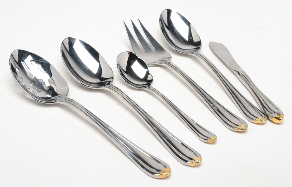 Gorham "Melon Bud" Gold Plate and Stainless Flatware Set for Twelve