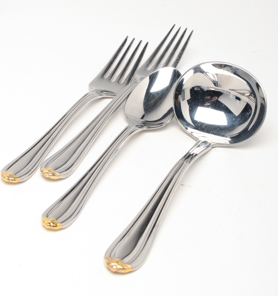 Gorham "Melon Bud" Gold Plate and Stainless Flatware Set for Twelve