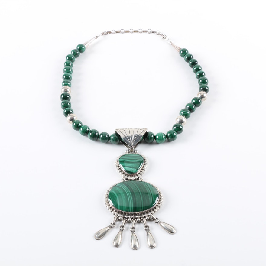 Raymond Delgarito for Running Bear Shop Sterling Silver Malachite Necklace